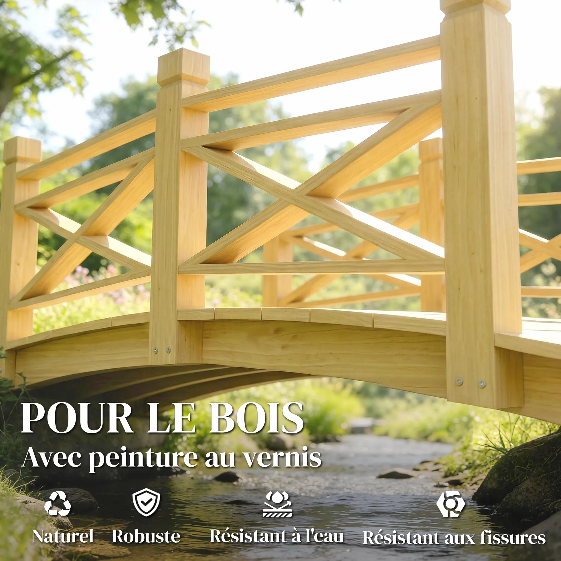 Outsunny Ponte da giardino in legno carbonizzato ad arco 1,74 m - Passerella con corrimano sicura e carico 200 kg - Decorazione esterna trattata e resistente, naturale
