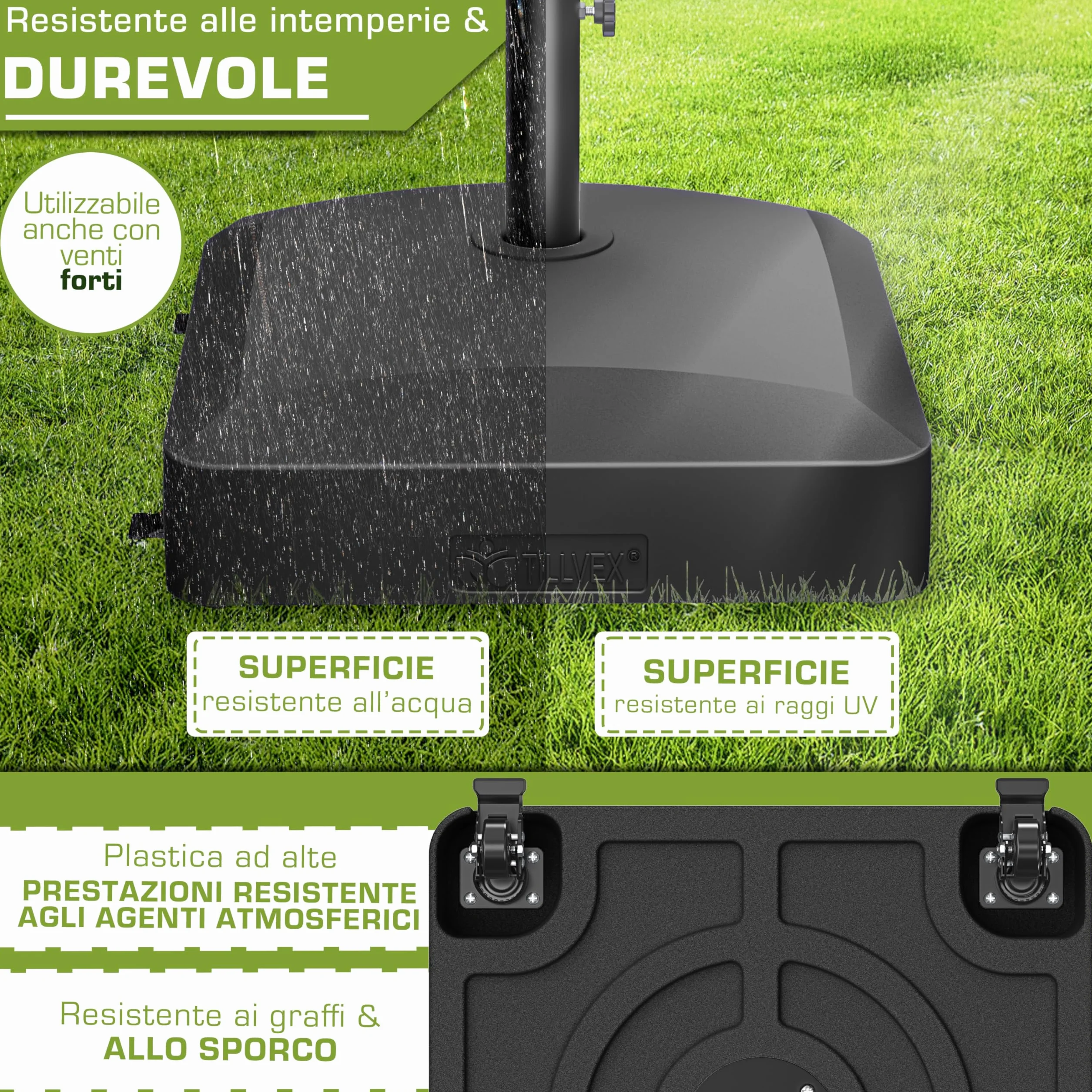 tillvex® Base per ombrellone PAVERA e Ruote e Freni | Zavorra ombrellone riempibile 37L/56kg | Piedistallo per ombrelloni Giardino e Mercato Ø1,8-3,7m | Resistente a intemperie e UV (Nero)