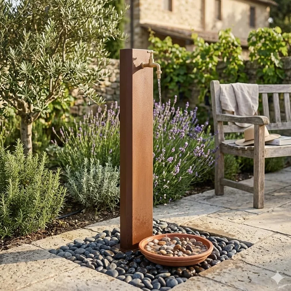 Fontana da Giardino Design a Colonna Ovale Rubinetto in Ottone Senza Base Corten