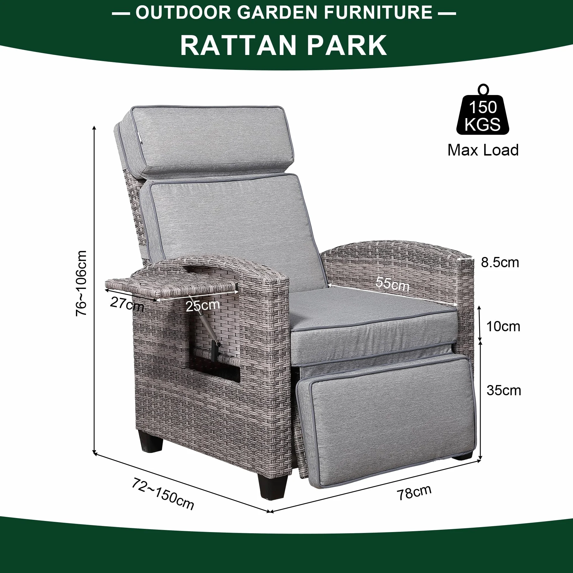 Rattan park Poltrona relax con schienale regolabile, con tavolo pieghevole e cuscino, per giardino, terrazza, esterno – vimini marrone (Brown)