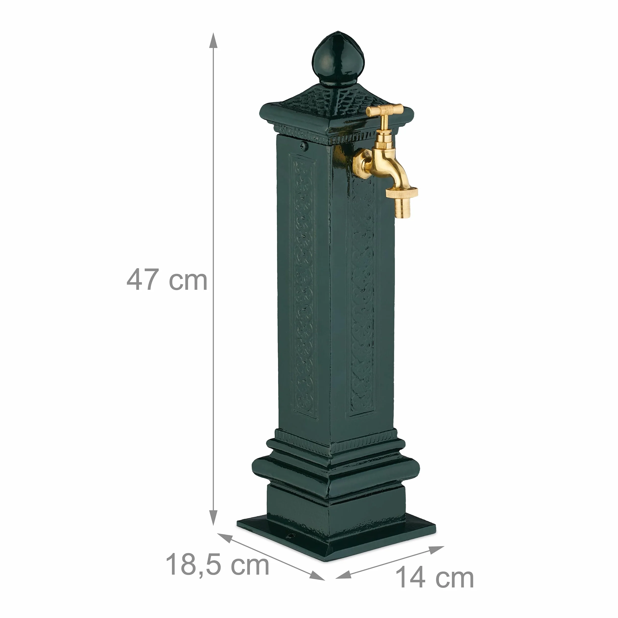 Relaxdays Fontana da Giardino in Stile Antico, Fontanella a Colonna con Rubinetto Acqua, HLP: 47x14x18,5 cm, Verde Scuro