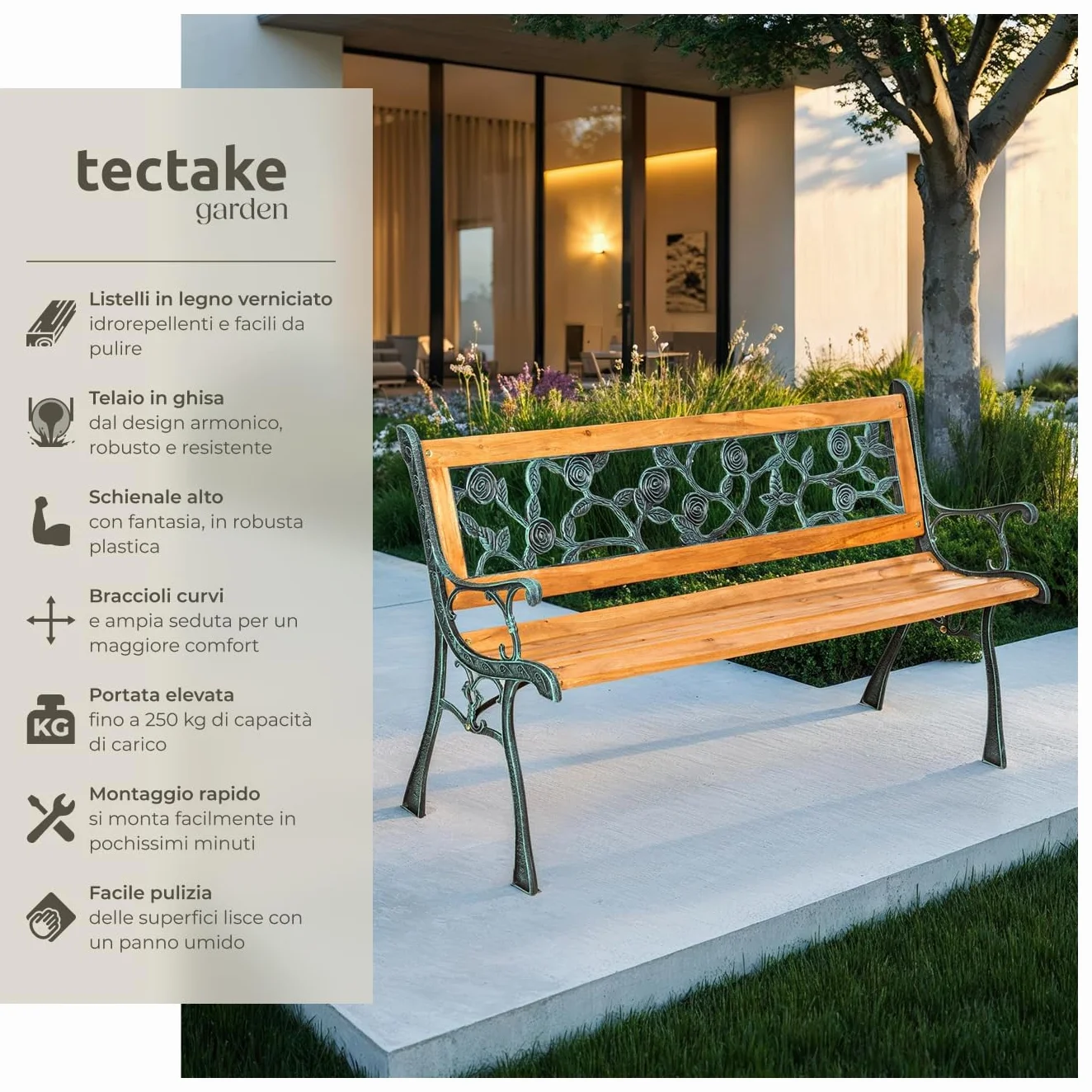 tectake Panca da Giardino in Legno e Ghisa 2 Posti con Schienale Resistente alle Intemperie 124 x 52 x 74 cm Marrone