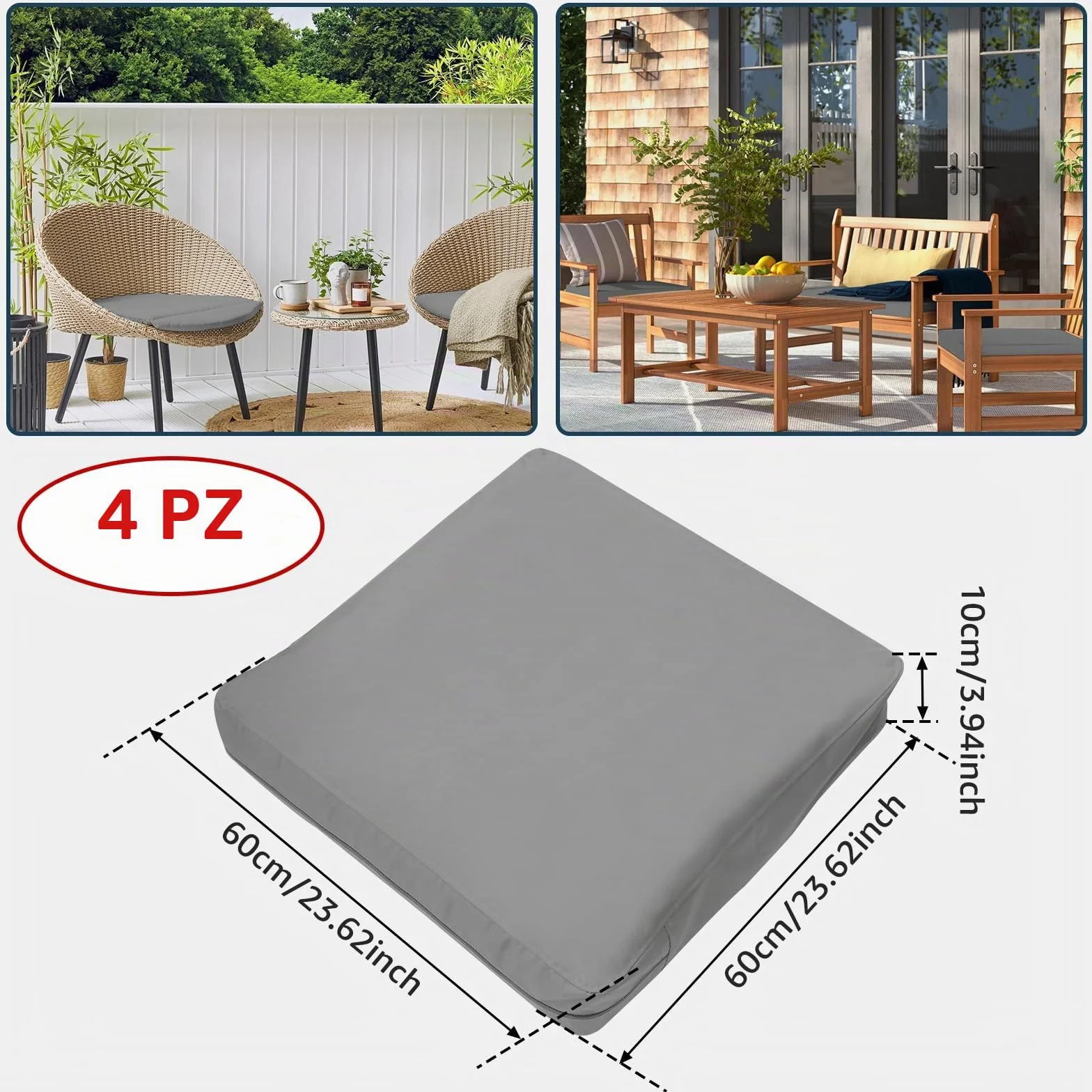 4 fodere di ricambio per cuscini da giardino da 60 x 60 x 10 cm, impermeabili, minimaliste, con chiusura a zip, solo fodera (grigio)