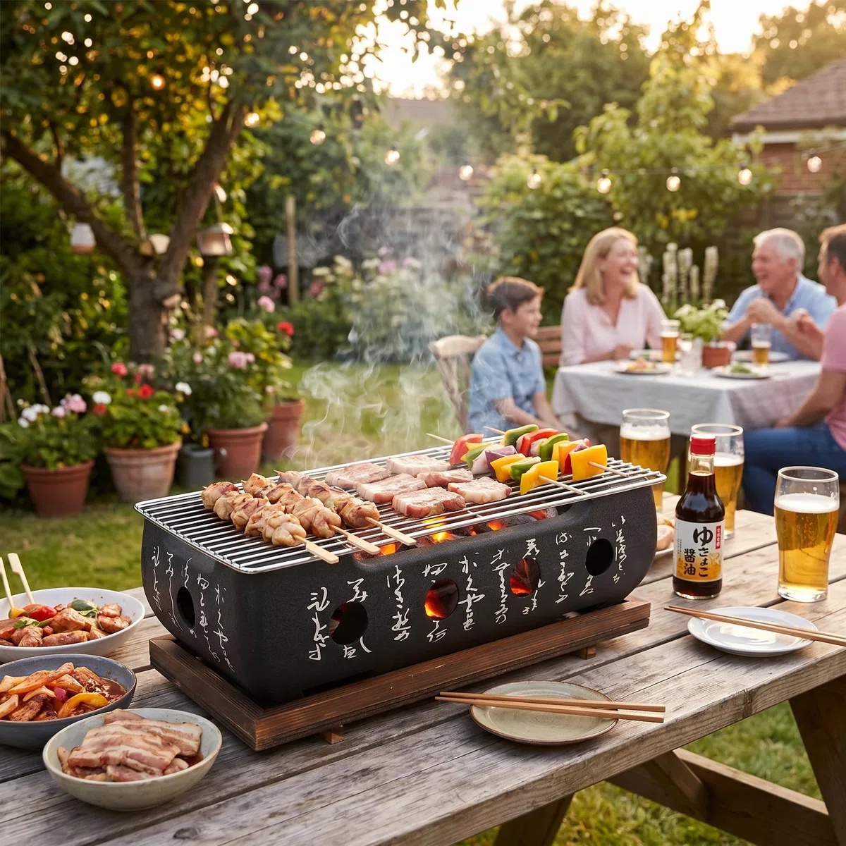 Ausla Griglia Hibachi, Griglia per Barbecue Giapponese Portatile a Carbonella con Base in Legno e Rete, Ideale per Campeggio all'aperto e Picnic (XL)
