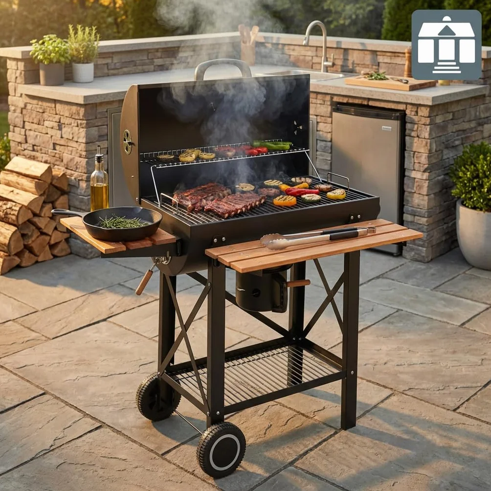 Tarrington House Barbecue a Carbone Louisiana, Acciaio/Legno, Raccoglicenere, Sistema di Ventilazione, Tavolini Laterali, Nero