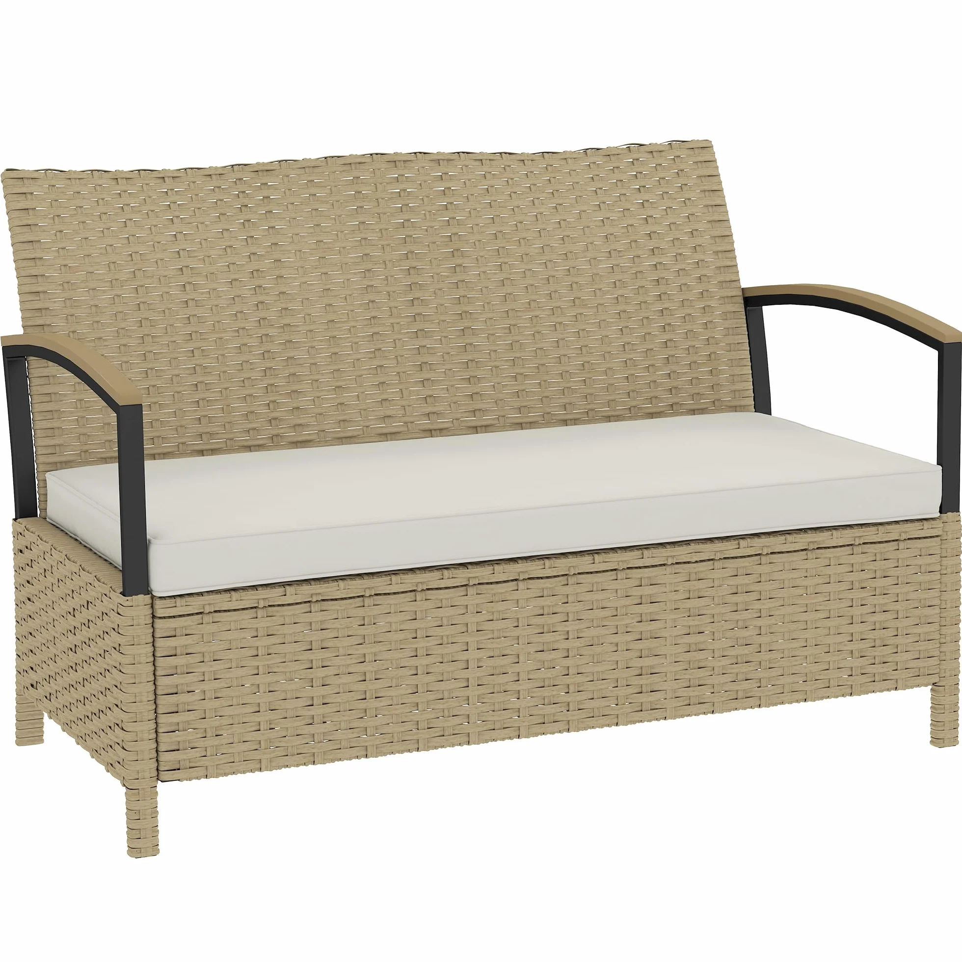 Outsunny Baule da Esterno, Panca Contenitore da Giardino 125L, Divanetto 2 Posti in Rattan PE con Cuscino Imbottito, Struttura in Metallo per Patio, Giardino e Balcone, Cachi