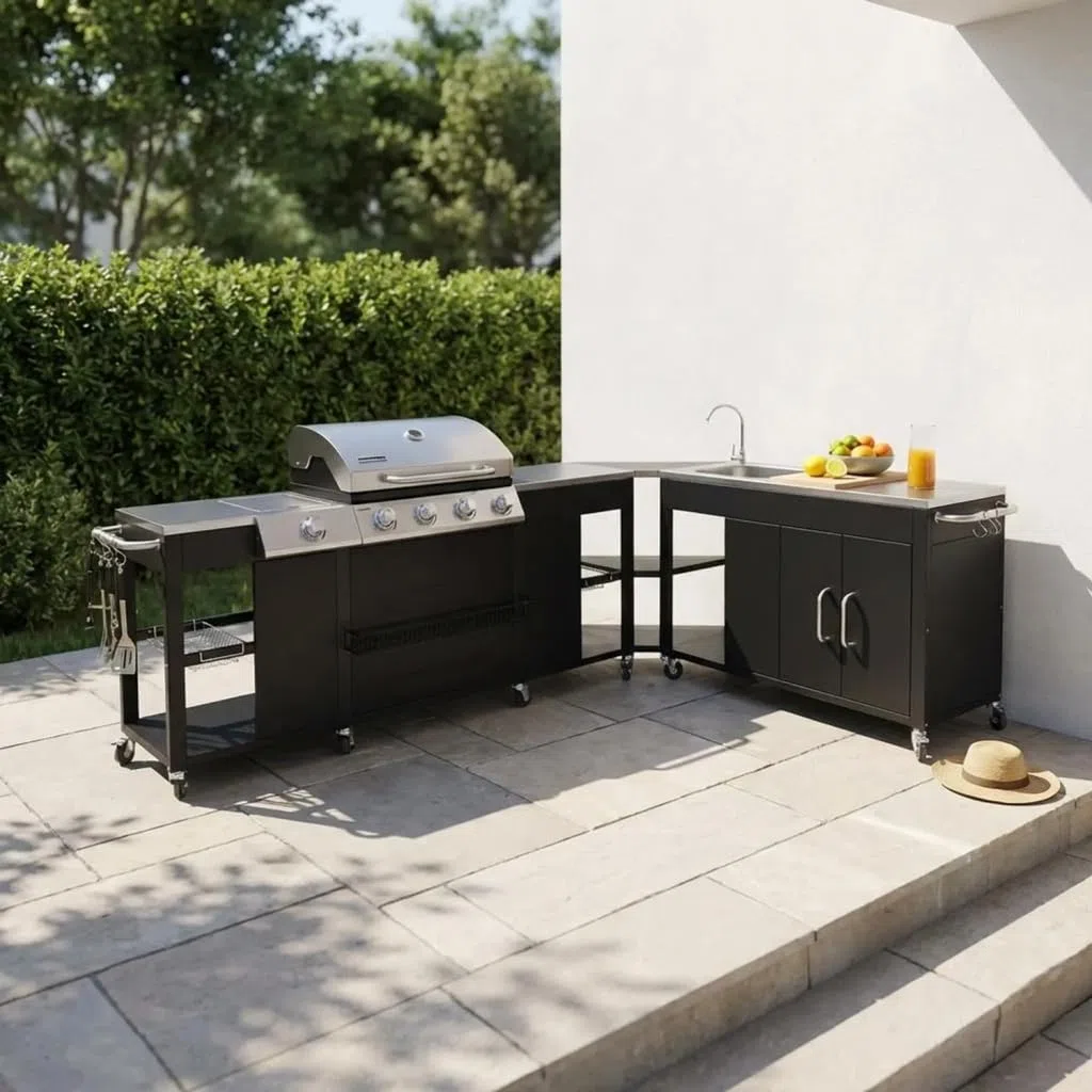 Modulo cucina da esterno con barbecue a 4 bruciatori, fuoco laterale, lavello e porta utensili Nero 247x187x112 cm