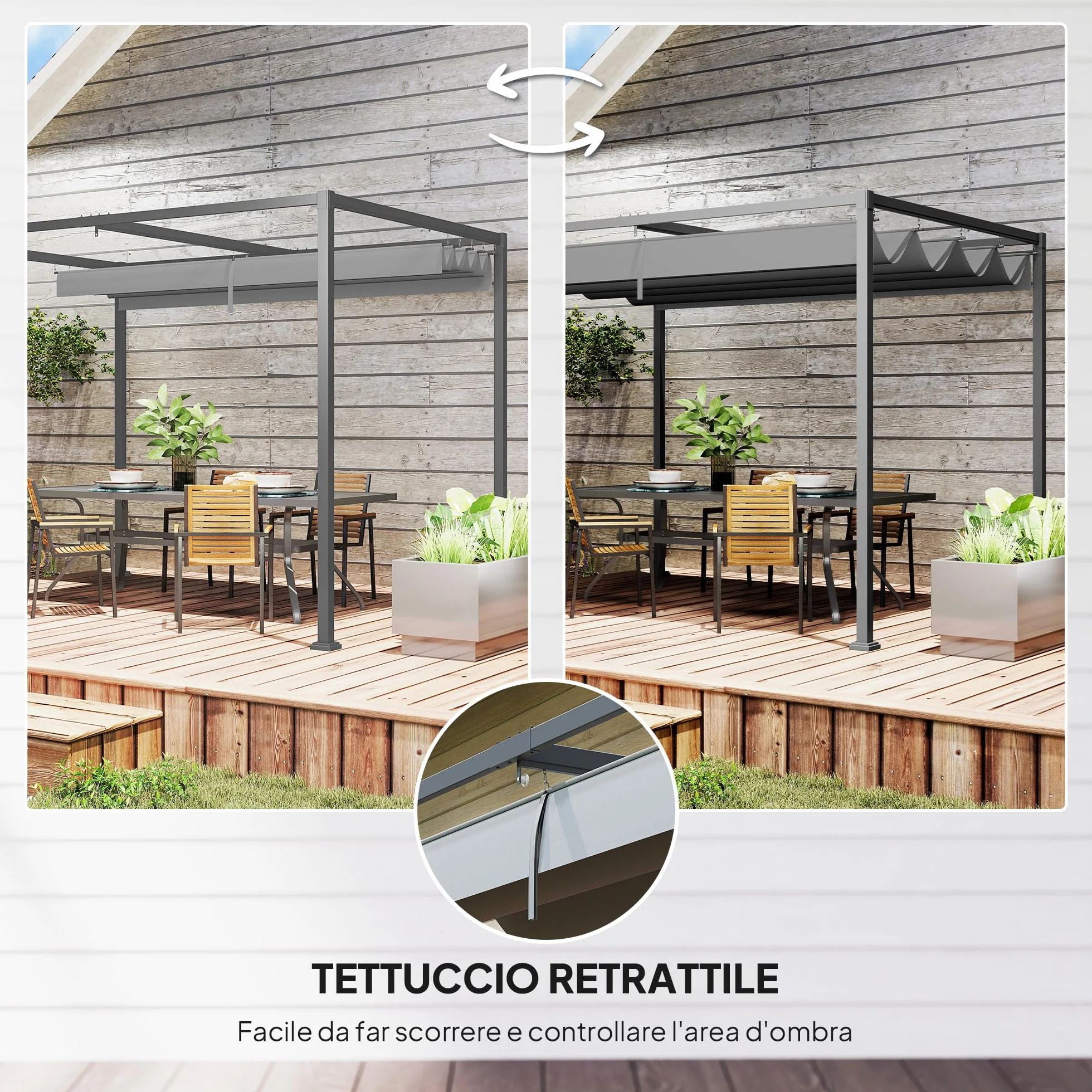 Outsunny Gazebo Pergola 3x2 m con Tettuccio Retrattile, Drenaggio, Picchetti e Viti, Poliestere e Metallo, Grigio