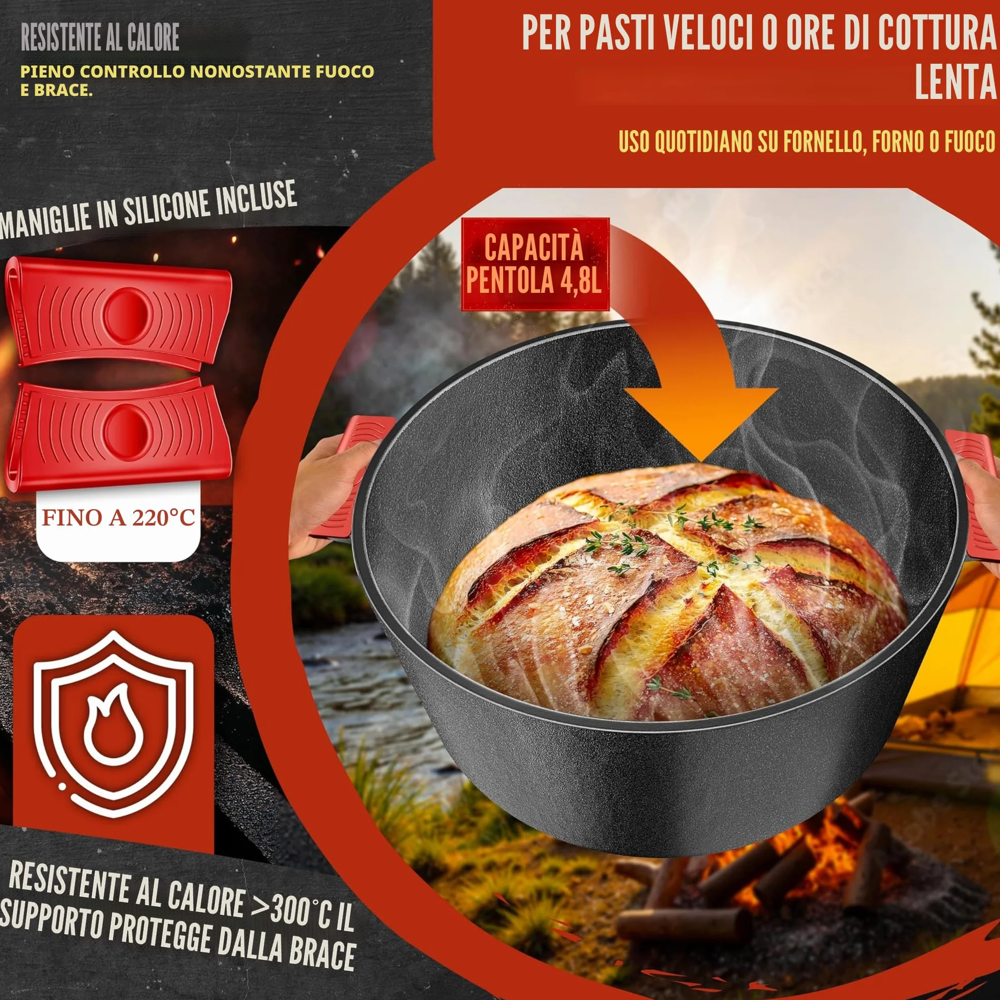KESSER® Forno Olandese pentola in ghisa 2in1 da 4,8 l e padella da 1,8 l pronta per l'uso incl. Ricettario Casseruola Coperchio/padella a doppia funzione
