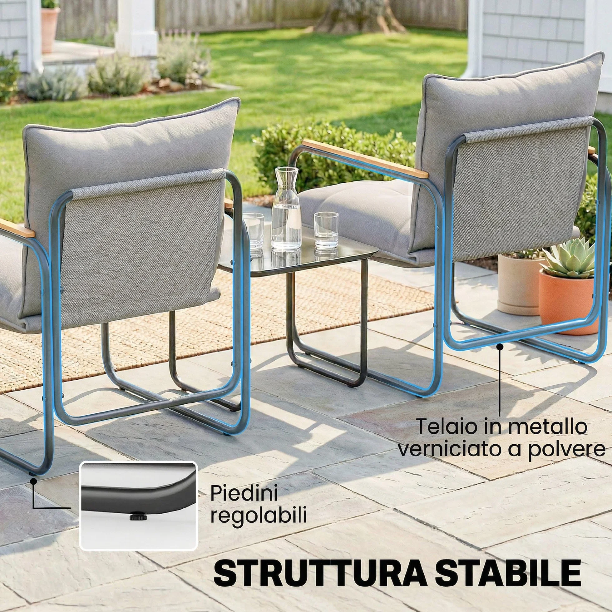 Outsunny Set da Bistrò 3 Pezzi, Set da Giardino in Metallo con 2 Sedie Texteline, Tavolo in Vetro, Cuscini Spessi, Grigio Scuro