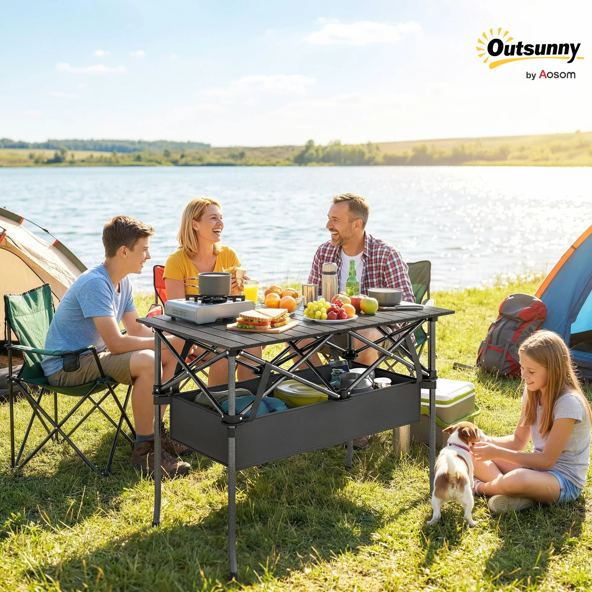 Outsunny Tavolo da Picnic Pieghevole 93cm con Rete Portaoggetti e Borsa, Struttura in Metallo, Nero