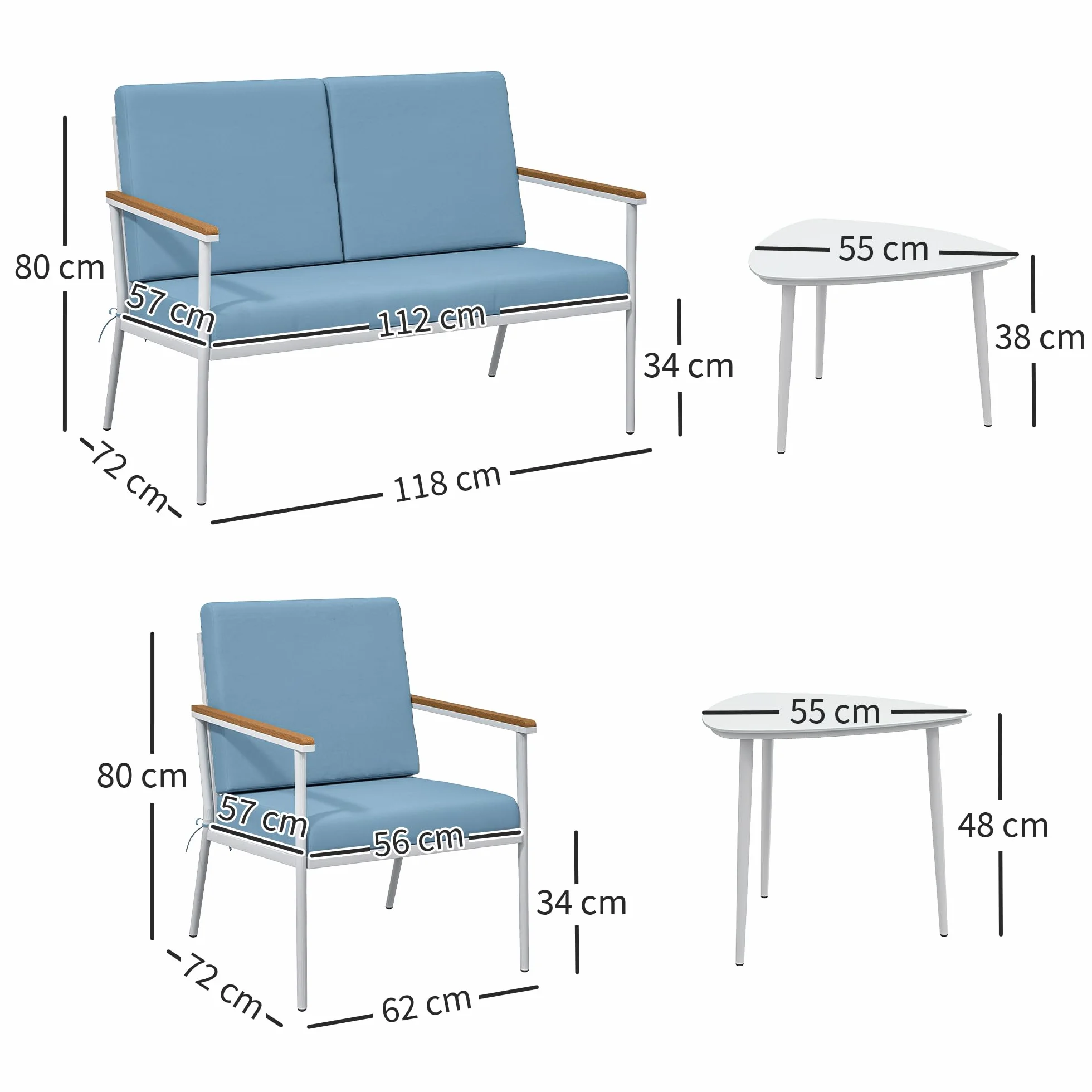 Outsunny Set Salotto da Giardino 5 Pezzi con Divanetto 2 Posti, Poltrone e Tavolino in Vetro, Azzurro