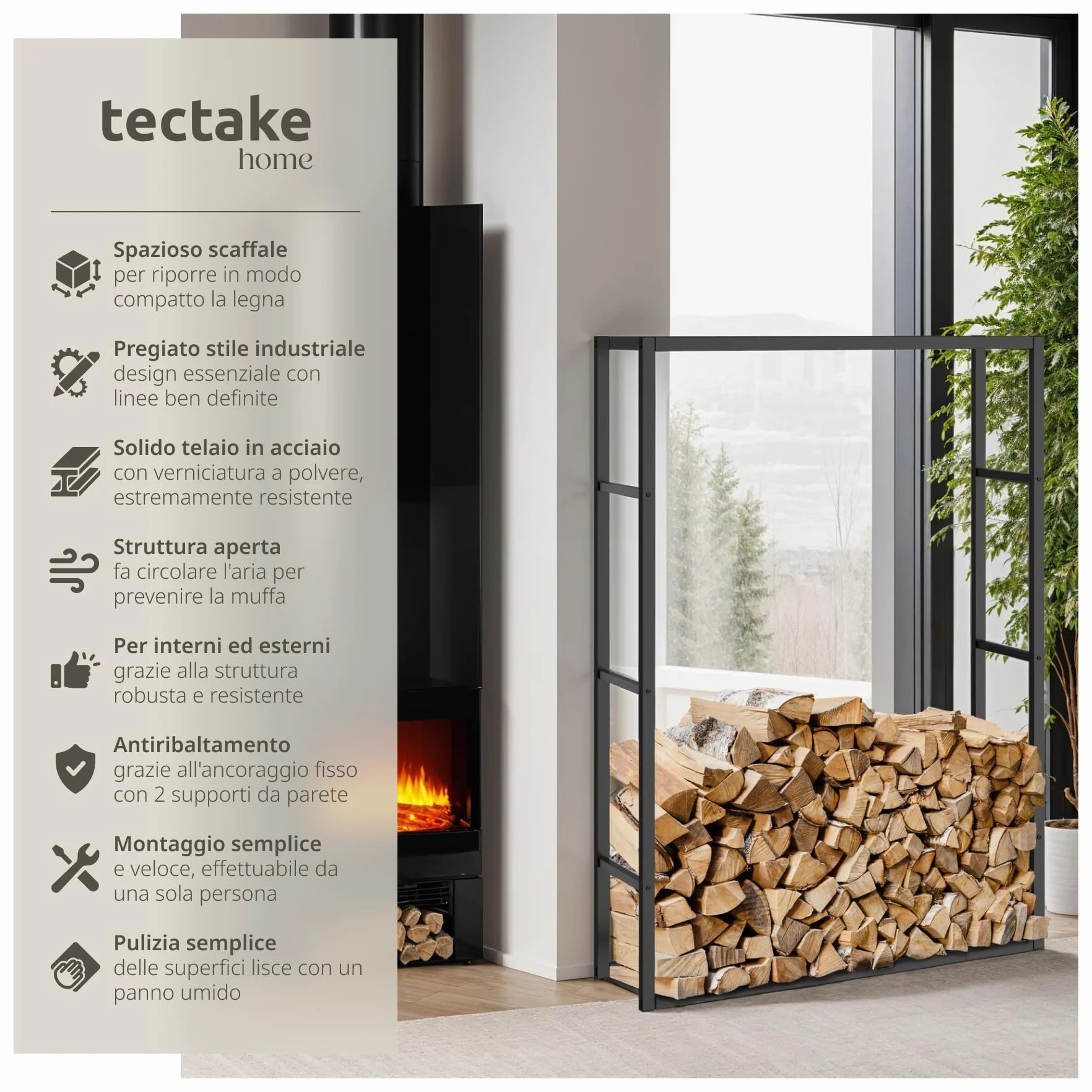 Tectake Scaffalatura Porta Legna Acciaio Verniciato Polvere 100,5x25x150 cm Nero