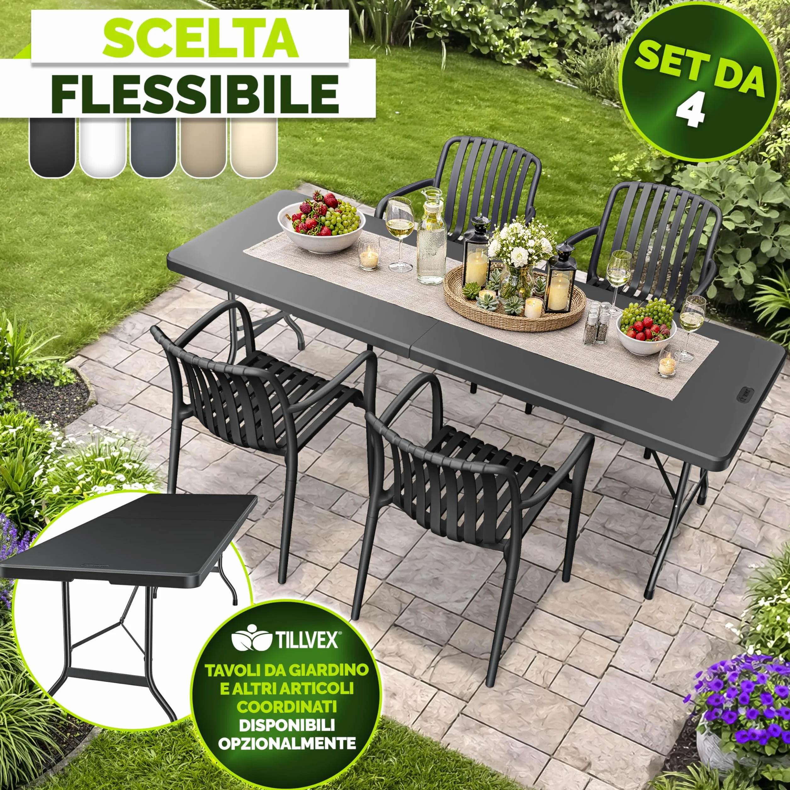 Tillvex Set di 4 Sedie da Giardino Impilabili Resistenti alle Intemperie 120 kg per Esterni Terrazzo Balcone