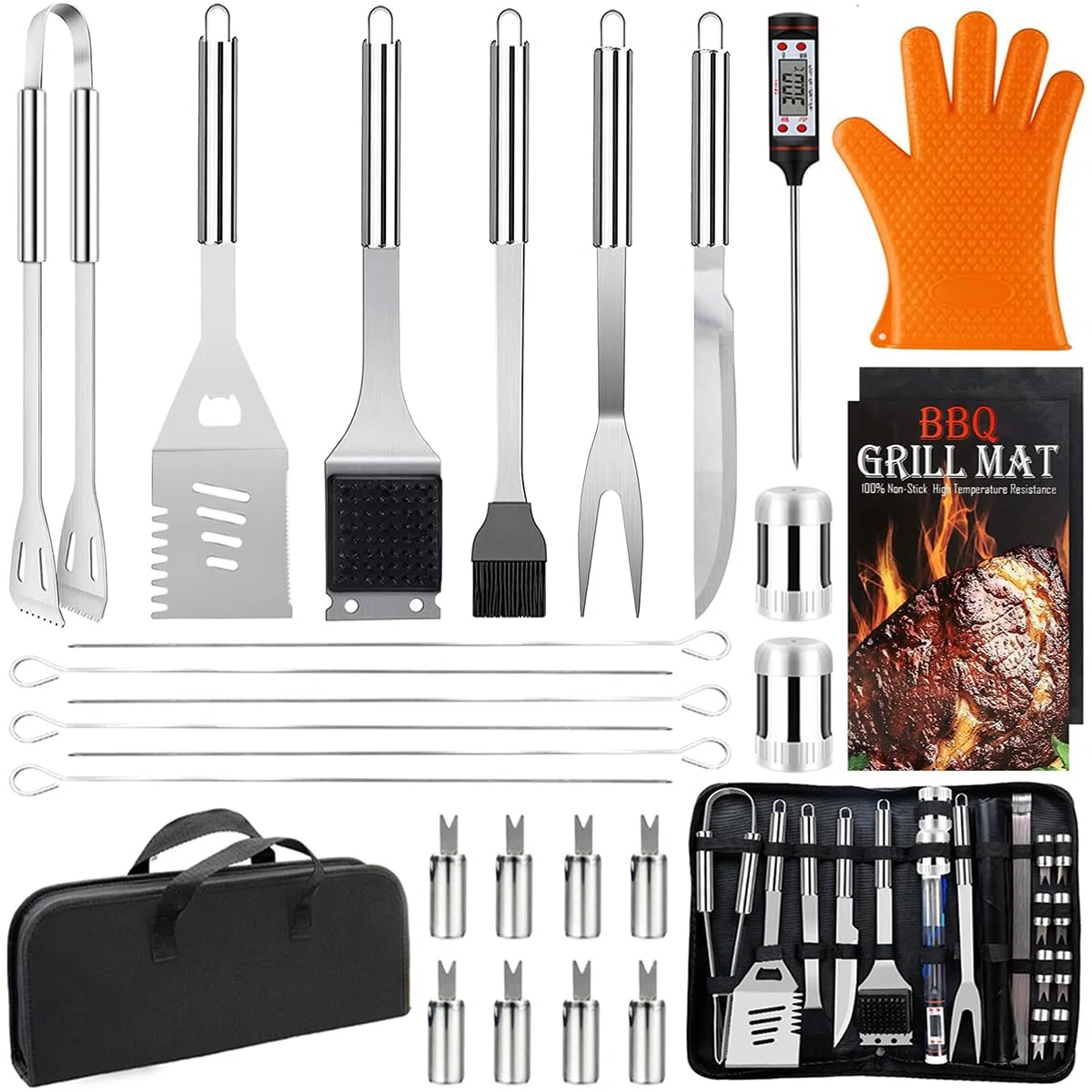 Set Barbecue 28 Pezzi Accessori in Acciaio Inox con Borsa e Guanti