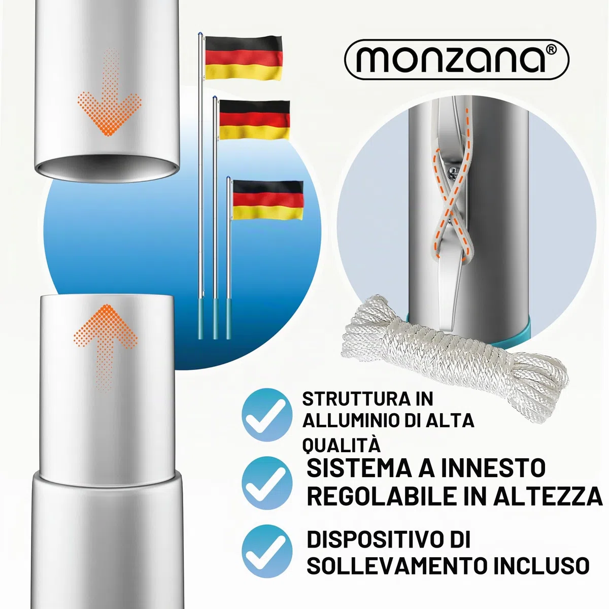 MONZANA Set Montaggio Bandiera Asta Alluminio 6,5 m con Fune Moschettone Gancio Regolabile