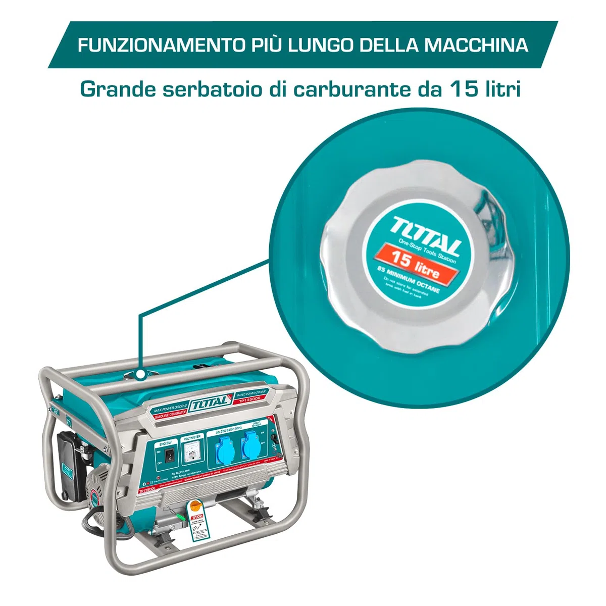 TOTAL - Generatore Di Corrente Portatile 3500W A Benzina, Motore 4 Tempi OHV, Alternatore In Rame, Avviamento Recoil, Serbatoio 15L, 220-240V, Generatore Silenziato Per Casa E Cantiere
