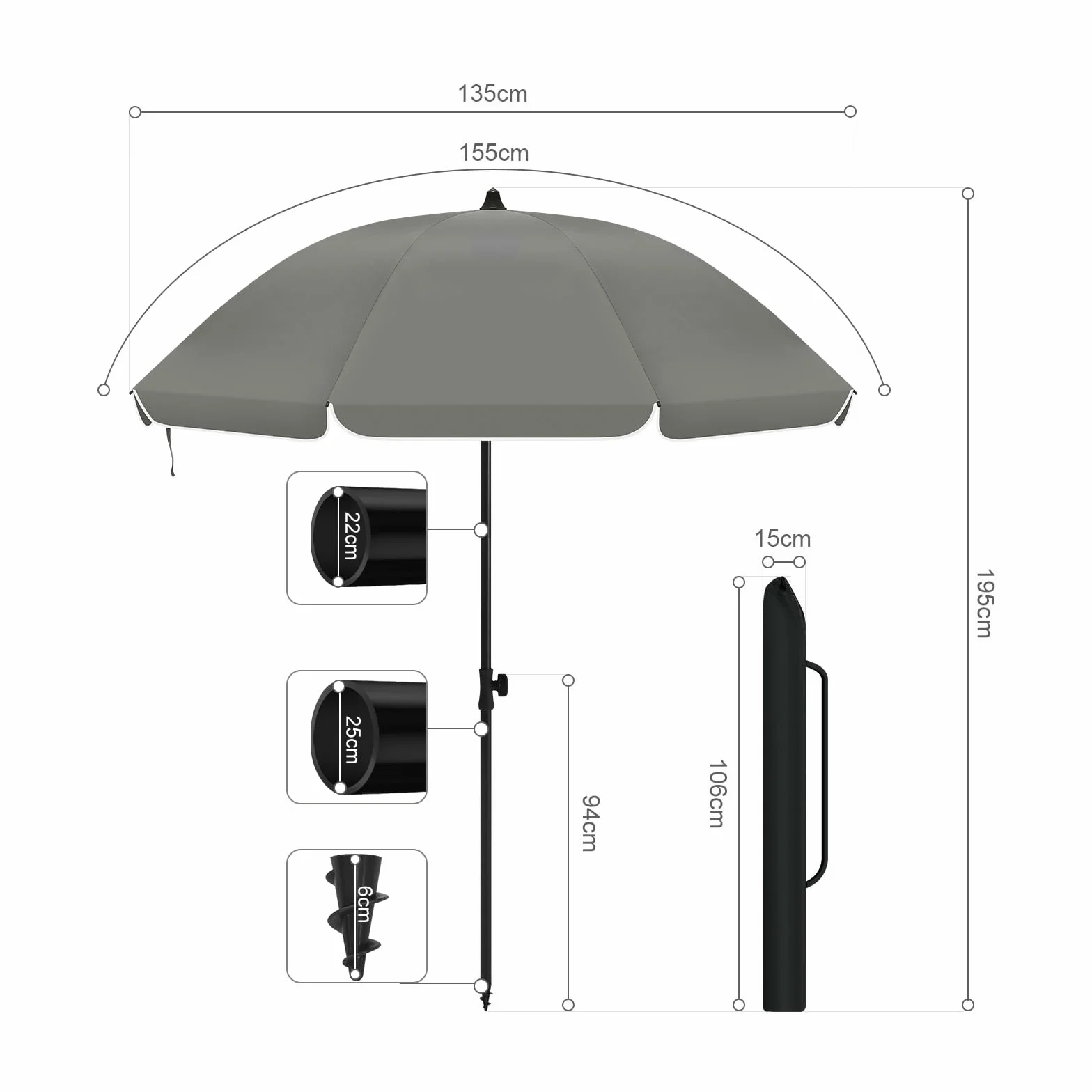 Laneetal Ombrellone da Spiaggia UV UPF 50+ φ135/155/175cm Regolabile in Altezza Portatile con Borsa
