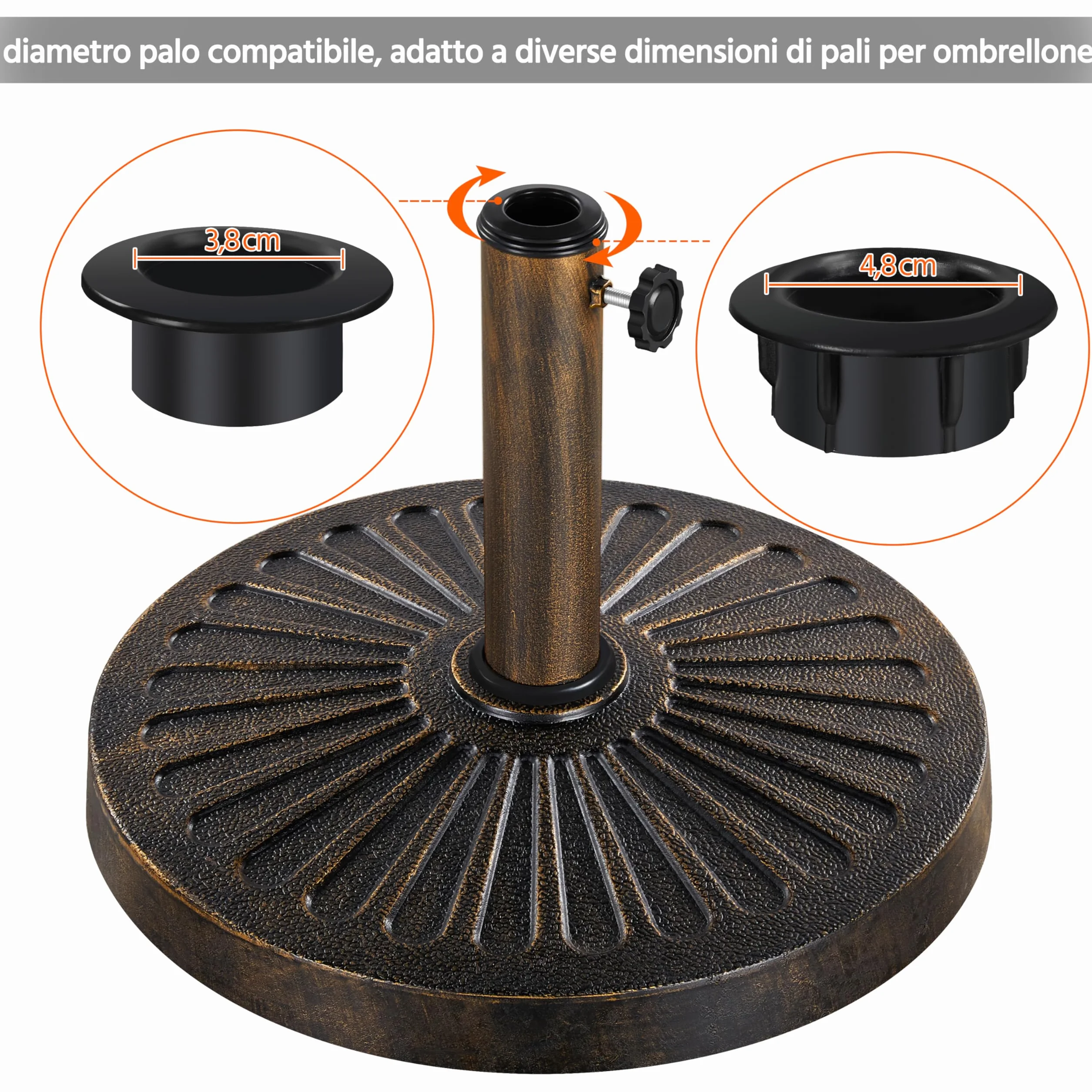 Yaheetech Base per Ombrellone da Giardino in Resina e Metallo Supporto 12 kg per Pali da Ø38mm o Ø48mm con Manopola per Esterno Veranda Terrazza Piscina Spiaggia Patio, Bronzo