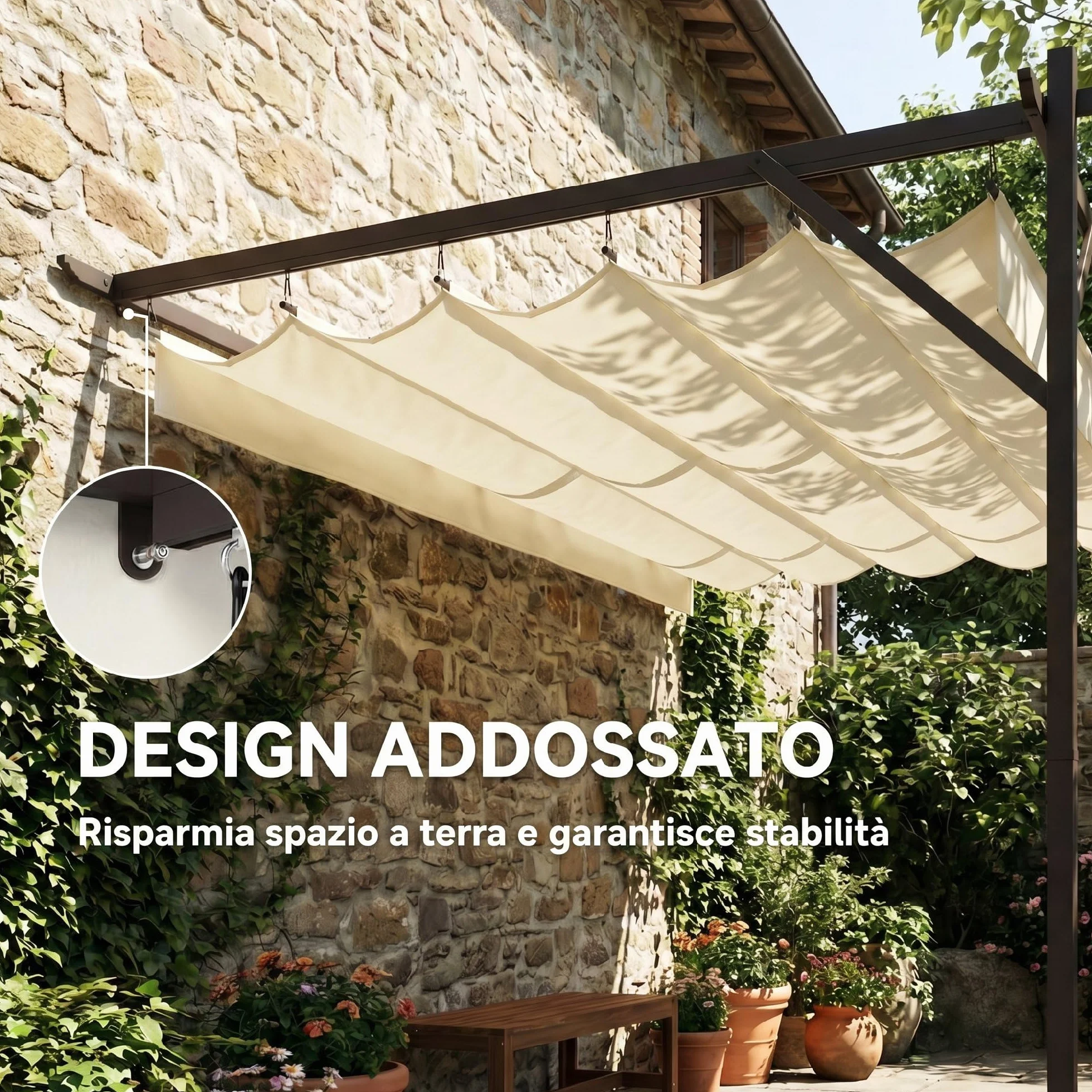 Outsunny Gazebo Pergola Addossata 3x3 m Tetto Retrattile Scorrevole Fori Drenaggio Pergolato Giardino Poliestere Acciaio Patio Terrazzo Esterno UV30+ Bianco Crema