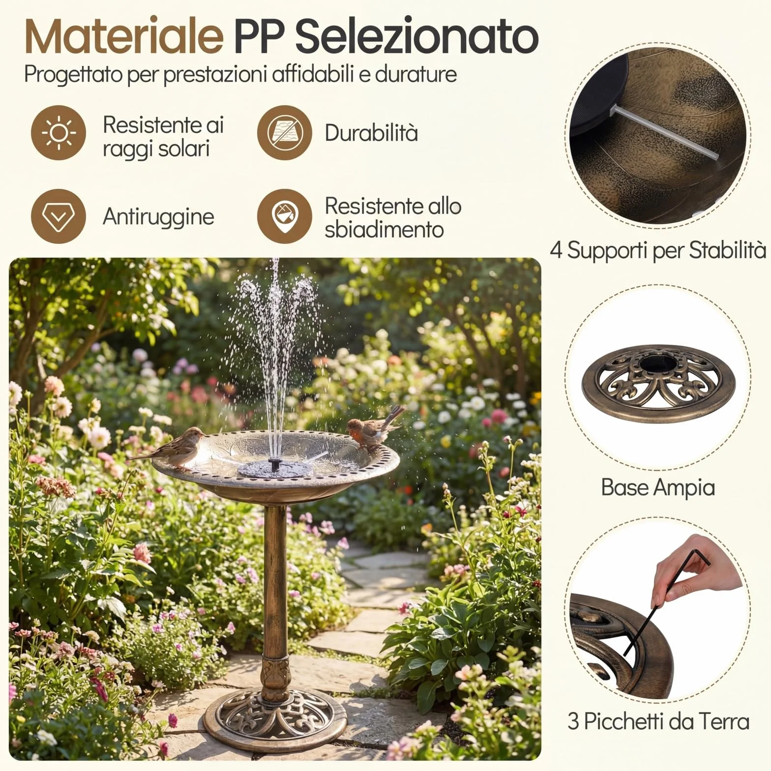 COSTWAY Mangiatoia per Uccelli da Esterno 2 in 1, Fontana con 6 Ugelli, Resistente alle Intemperie per Giardino