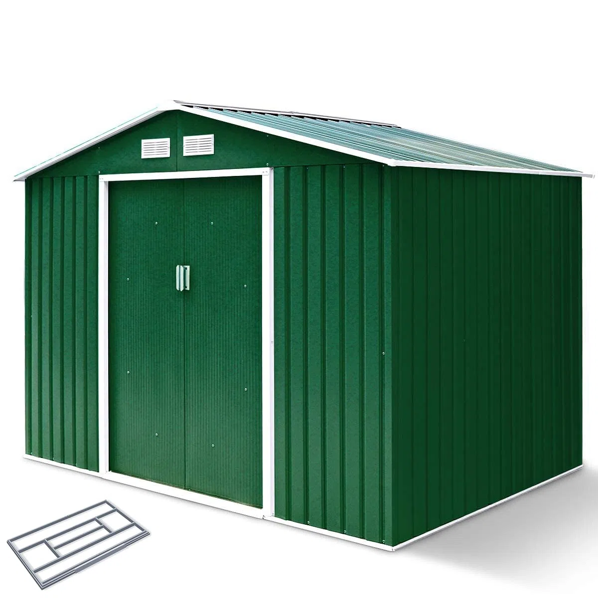 RELAX4LIFE Casetta da Giardino per Attrezzi, 213 x 127 x 185 cmin Lamiera d'Acciaio e e Lamiera Zincata con Doppie Porte Scorrevoli, Tetto Inclinato, per Porta Attrezzi, Tosaerba, Verde