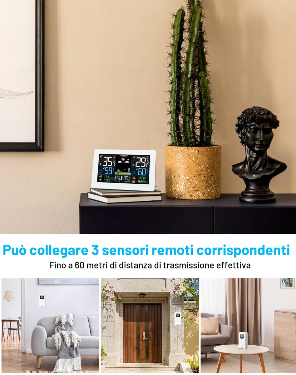 Stazione Meteo con Sensore Esterno Display a Colori Temperatura Umidità Pressione dell'Aria Bianco
