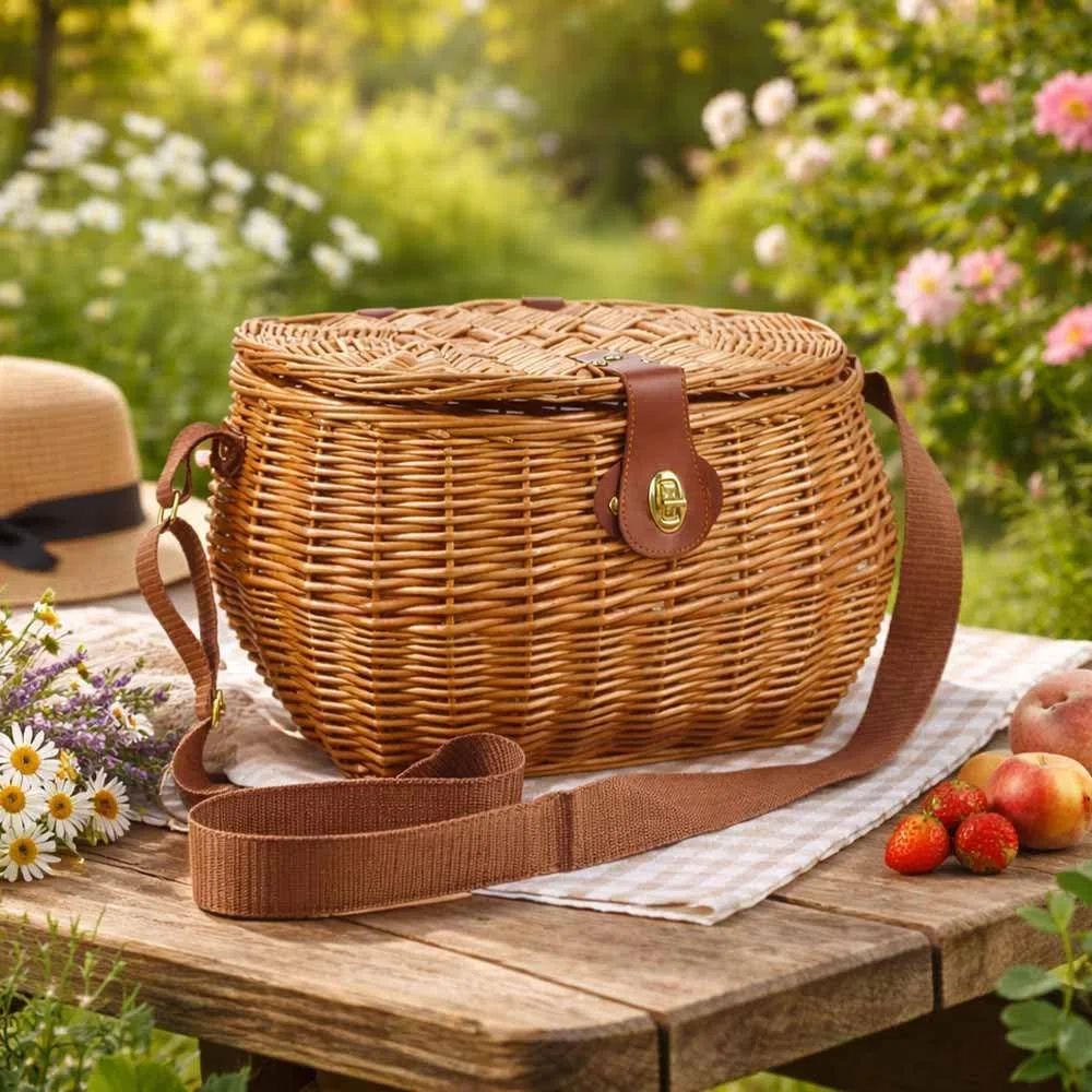 Cesto con tracolla regolabile cestino Peter in Vimini raccolta funghi con Coperchio 34 x 25 x h 23 cm