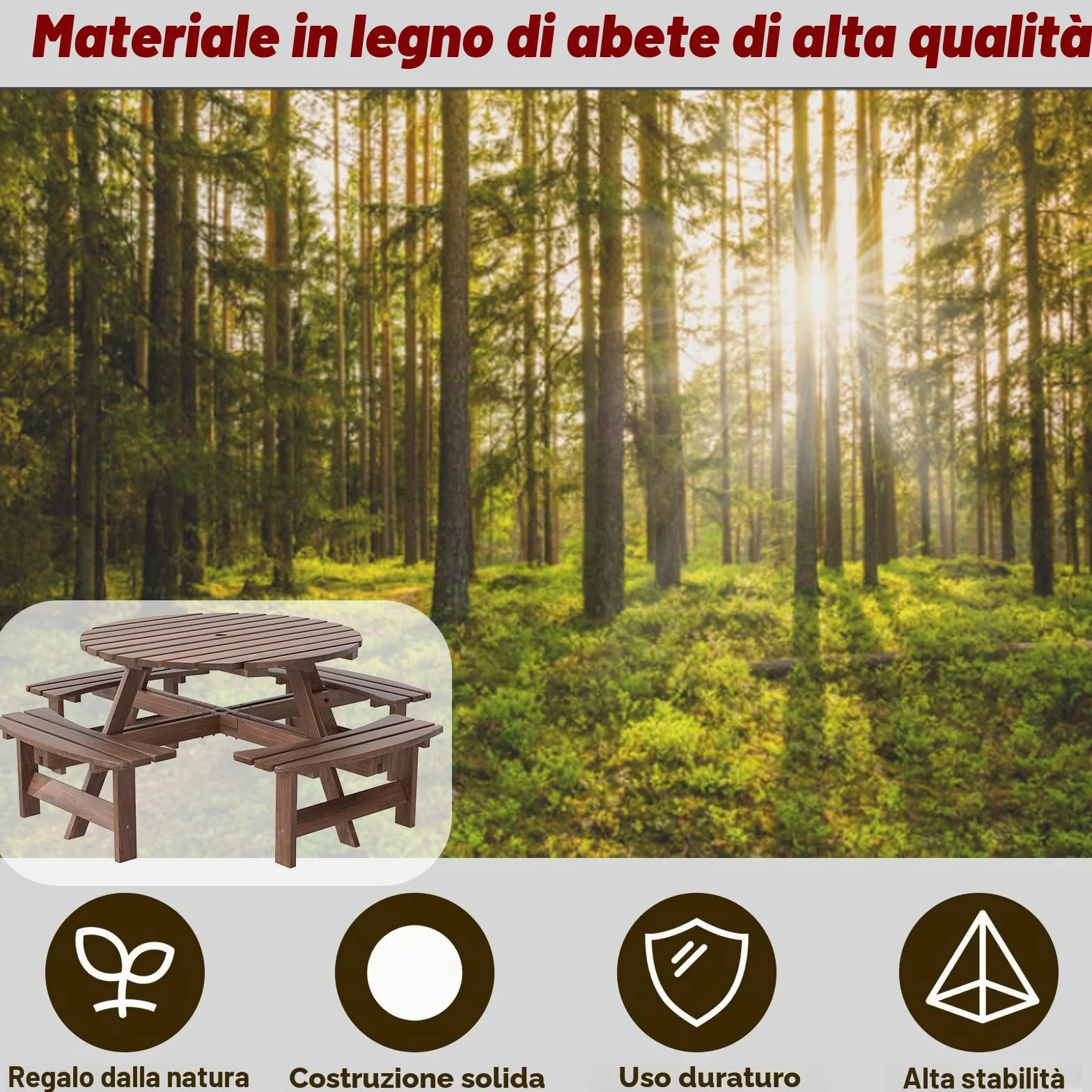 GIANTEX Set da Giardino in Legno di Abete 8 Persone Tavolo con Sedie Integrato Foro Ombrellone 178x70 cm