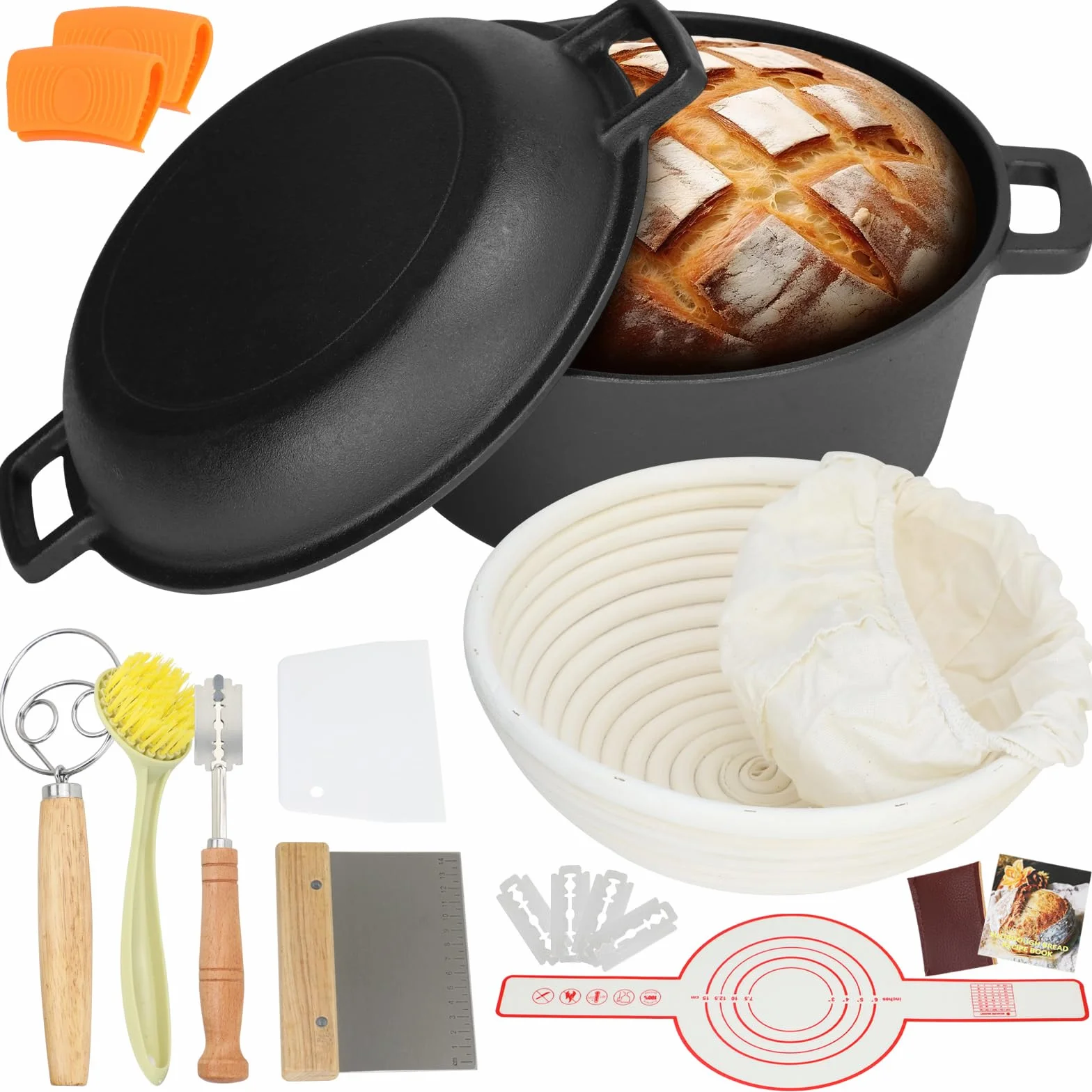 Forno olandese in ghisa da 5 qt (kit per lievito madre con cestello per lievitazione, lame e coperchio - ideale per cuocere il pane) (cucina familiare, friggere, brasare e barbecue)