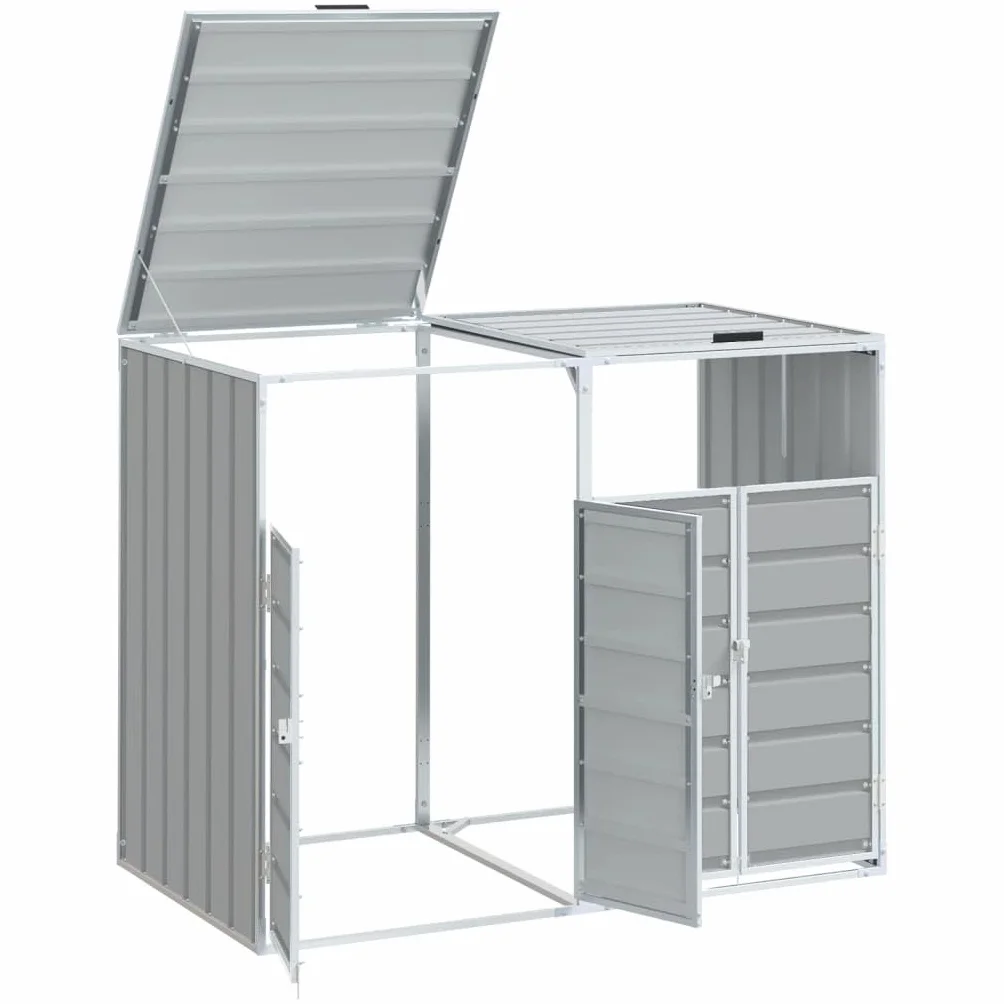 vidaXL Copribidone con Ruote per 2 Bidoni Grigio 144x81x113 cm Acciaio, copribidone singolo con ruote, copribidone da giardino, copertura per cassonetti