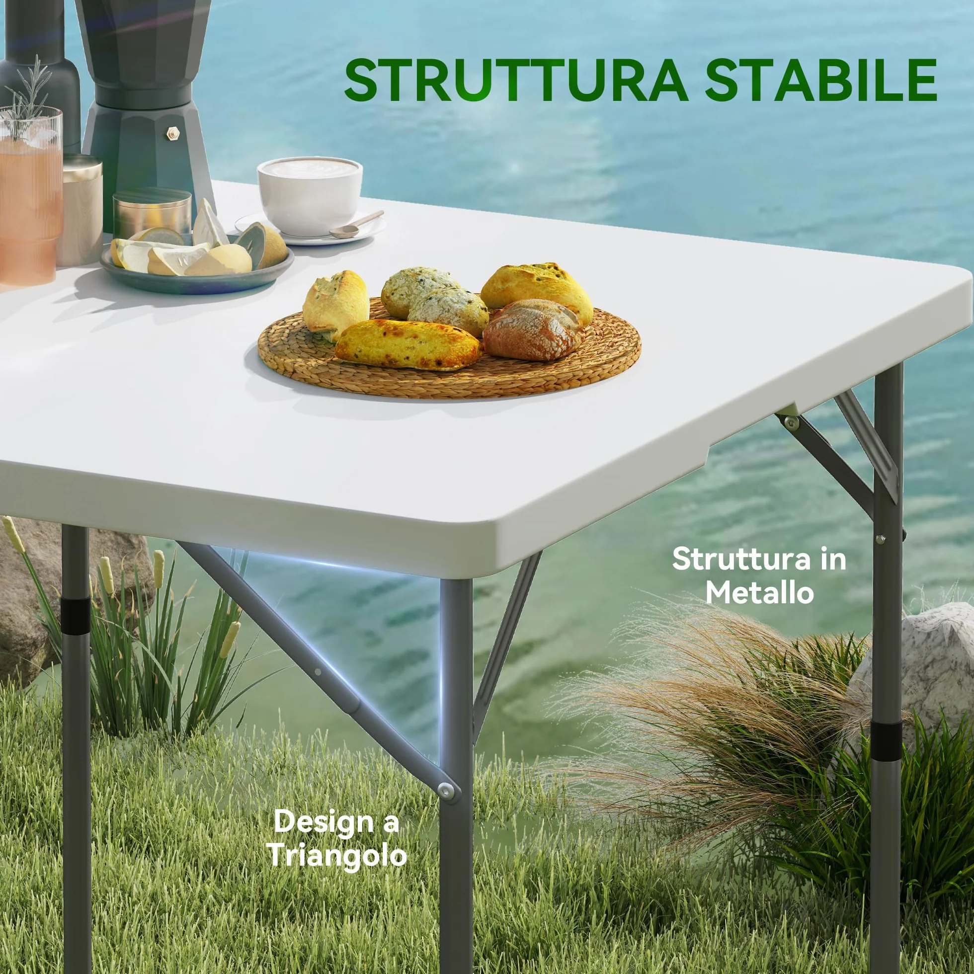 Outsunny Tavolo da Campeggio Pieghevole 86x86x74 cm Bianco HDPE e Metallo 2 Altezze Regolabili