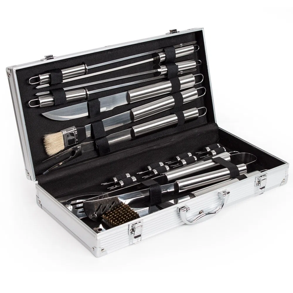 tectake® Set Barbecue Acciaio Inox, Accessori Barbecue con Valigetta Alluminio, Utensili Griglia, kit Barbecue Completo, Posate Barbecue, Spatola Pinza Forchettone, 18 Pezzi