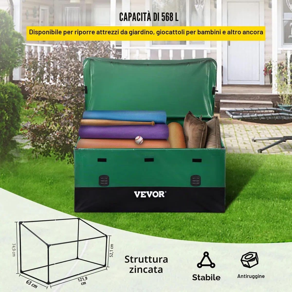 VEVOR Scatola per Stoccaggio da Esterno in PE Impermeabile 660L con Coperchio Manici Laterali, Baule da Giardino