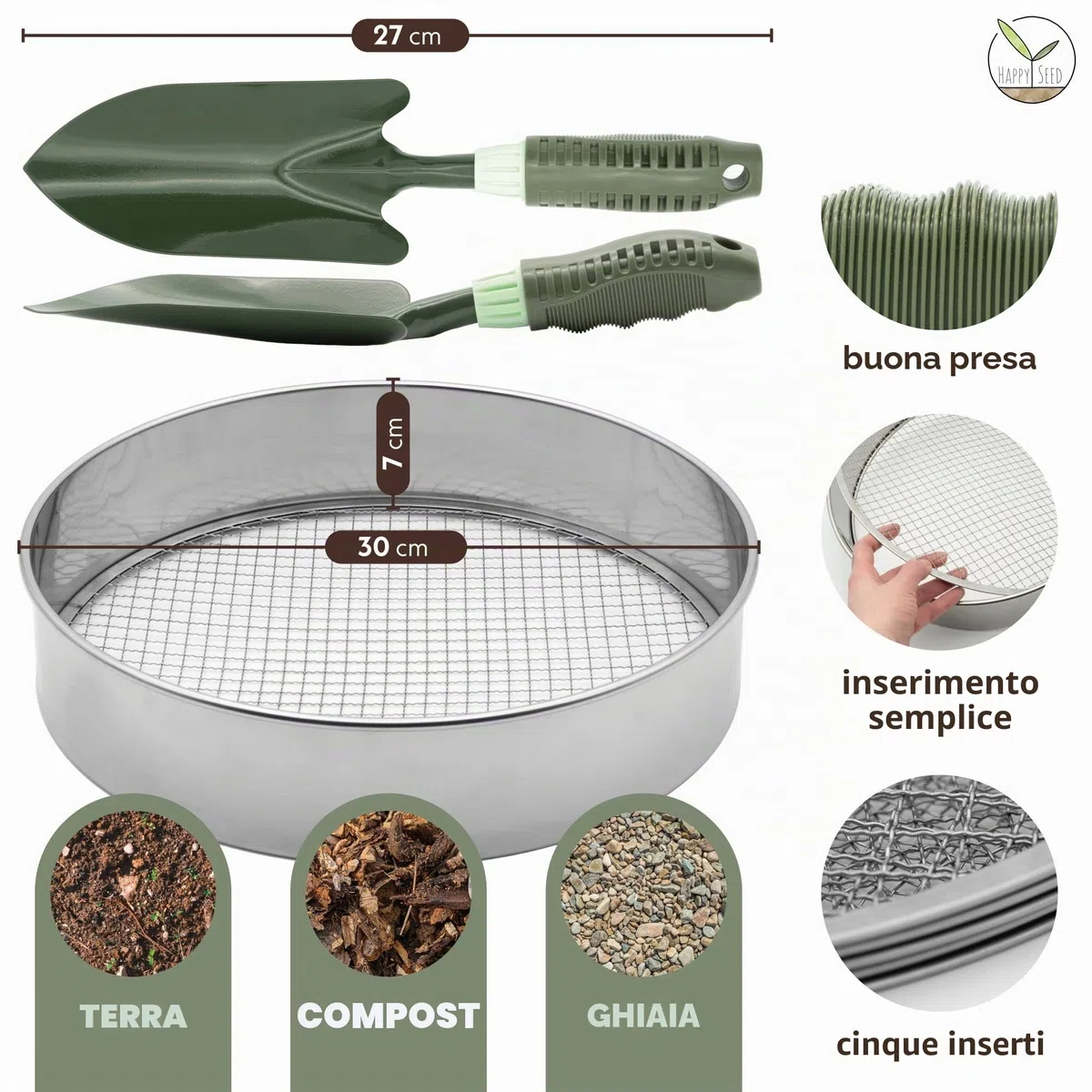 Setaccio da giardino rotondo 30 cm acciaio inox 5 inserti intercambiabili paletta inclusa