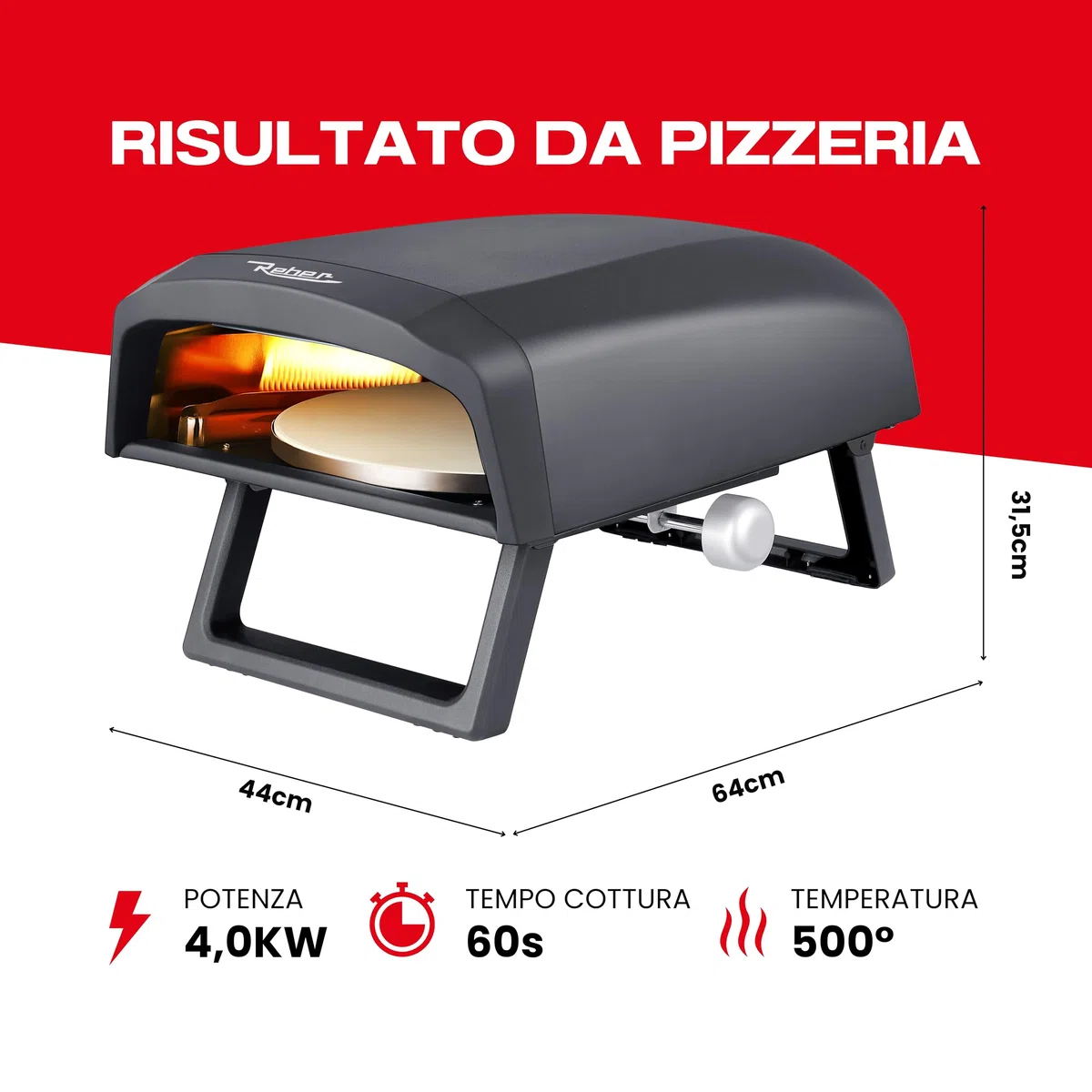 PizzaReber Forno Pizza a Gas con Piatto Rotante 32 cm – Doppio Bruciatore GPL, Acciaio INOX, Alluminio – Cottura 500°