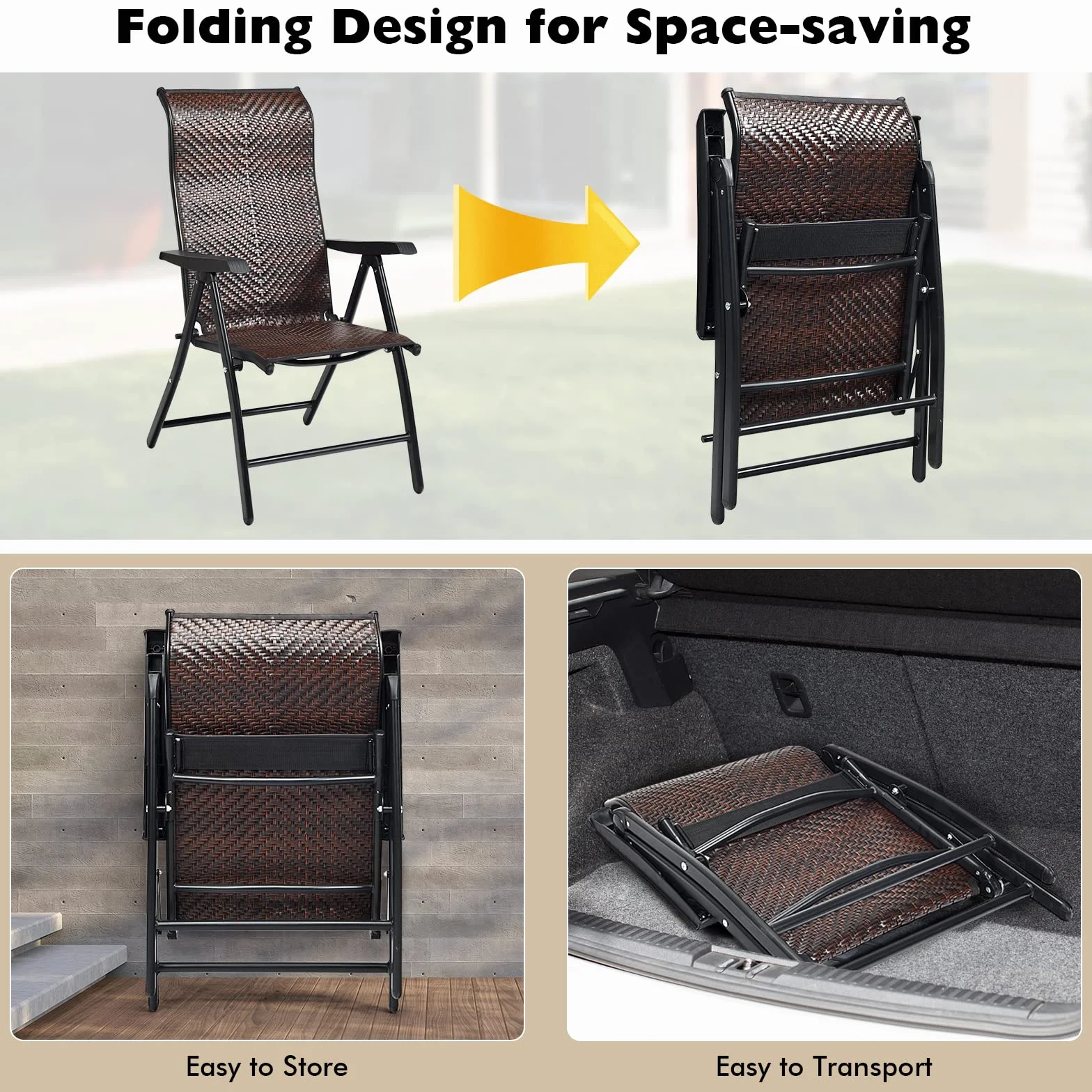GIANTEX Set di 2 sedie da giardino in rattan con schienale regolabile, sedia pieghevole da giardino, sedia da pranzo, ergonomica, con braccioli, per giardino, balcone