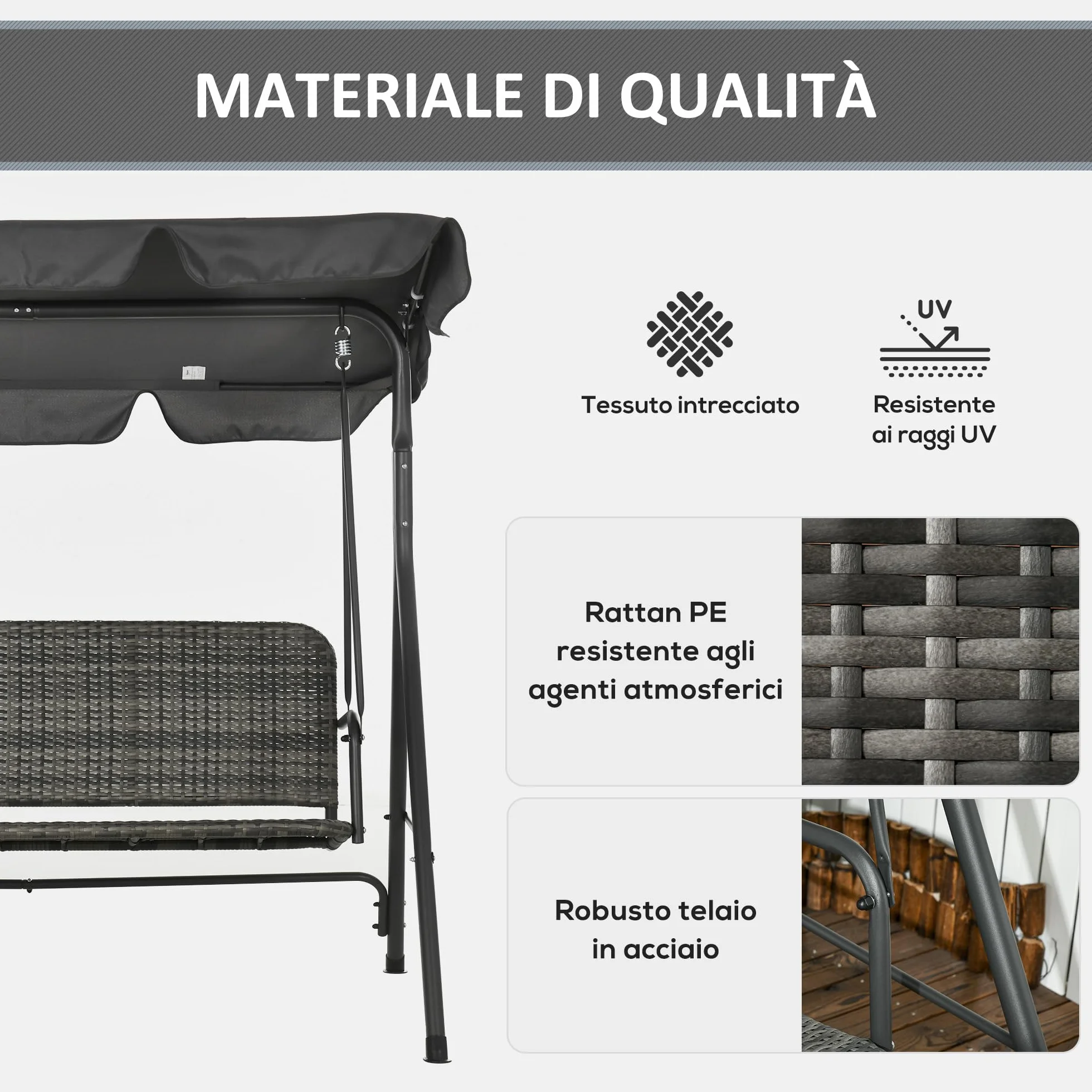 Outsunny Dondolo da Giardino 3 Posti con Tettuccio Parasole Regolabile, Dondolo da Esterno con Seduta Traspirante in Rattan PE e Acciaio, Portata fino a 240 kg, 167x112x153 cm, Grigio Scuro