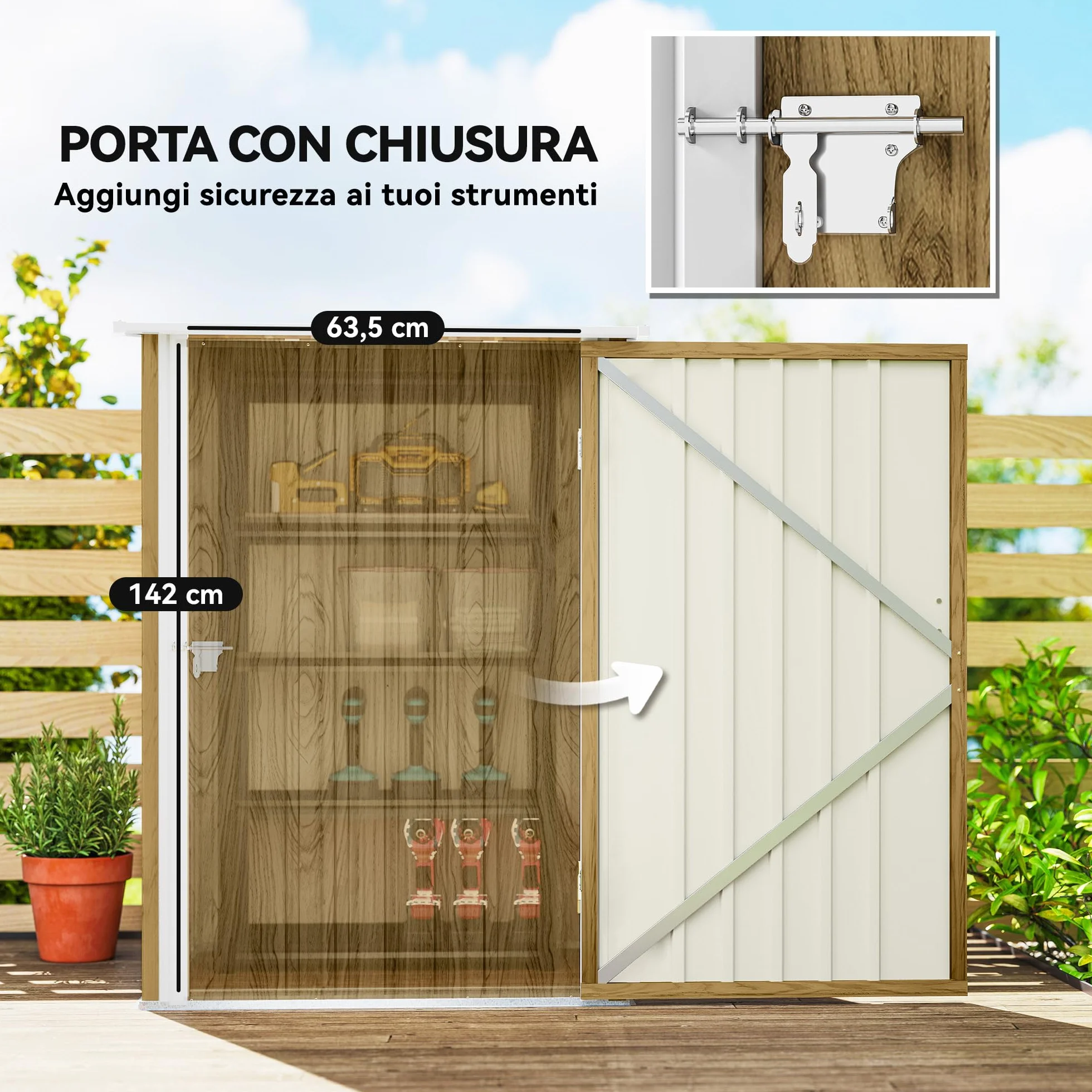 Outsunny Casetta da Giardino 0.92m² Acciaio Zincato 100x104x160 cm Marrone Chiaro Effetto Legno