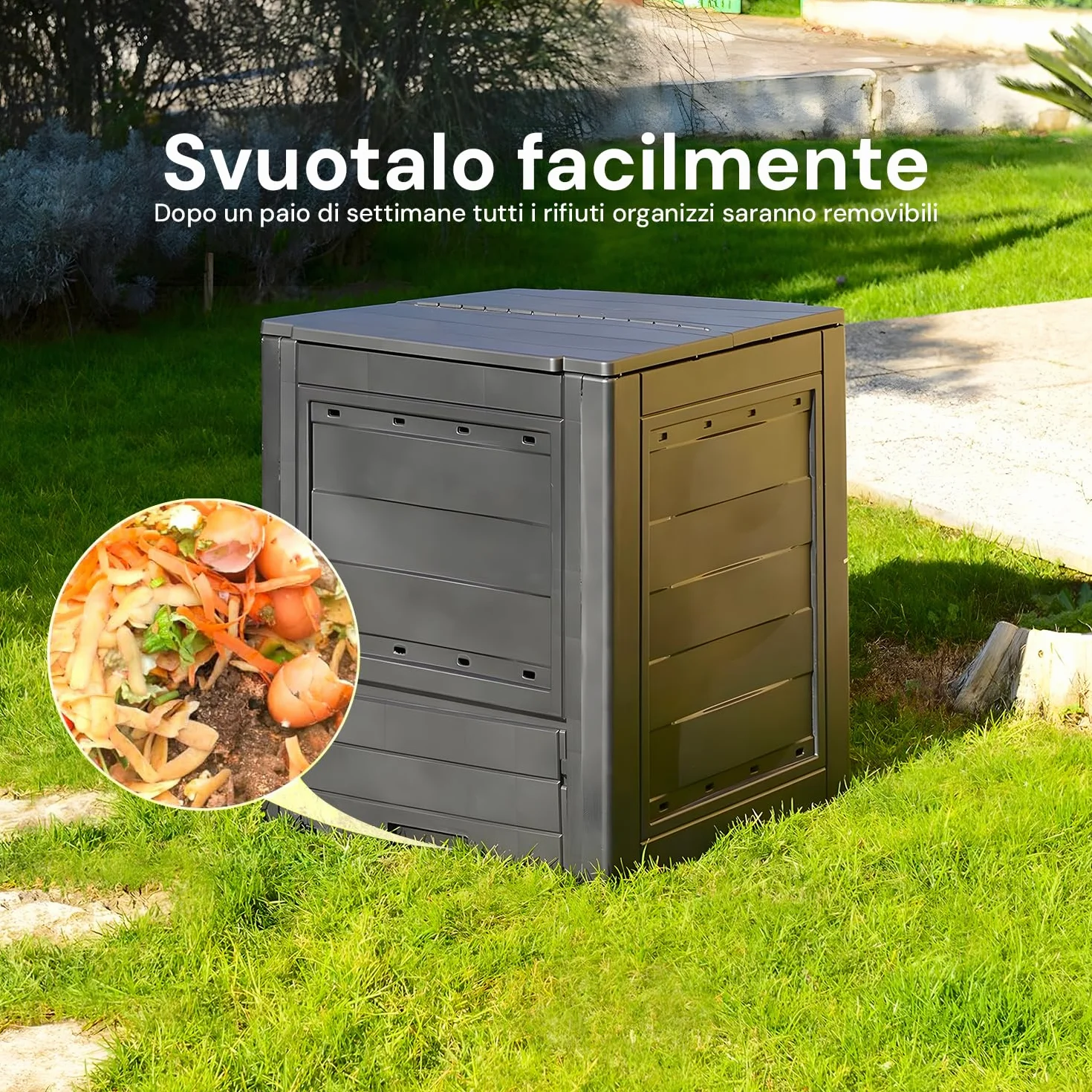 Avilia Compostiera da Giardino 260L - Contenitore per Compostaggio con Accesso Frontale, in Polipropilene, Design Compatto 60x60x73cm, Ideale per Balcone - Terrazzo - Giardino Antracite, Made in Italy