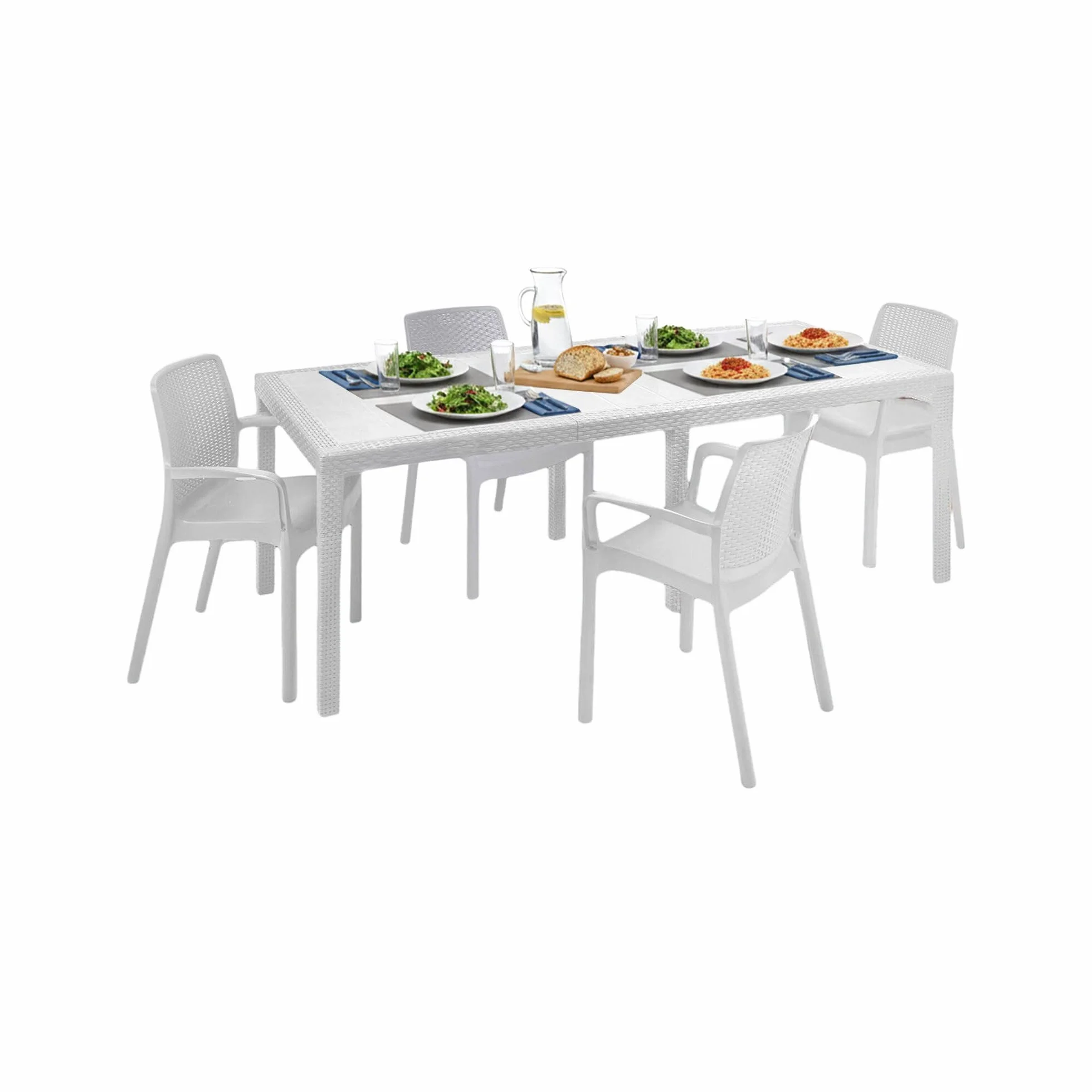 Dmora Set salotto da esterno Manarola, tavolo allungabile con 4 sedie, effetto rattan, Made in Italy, Bianco