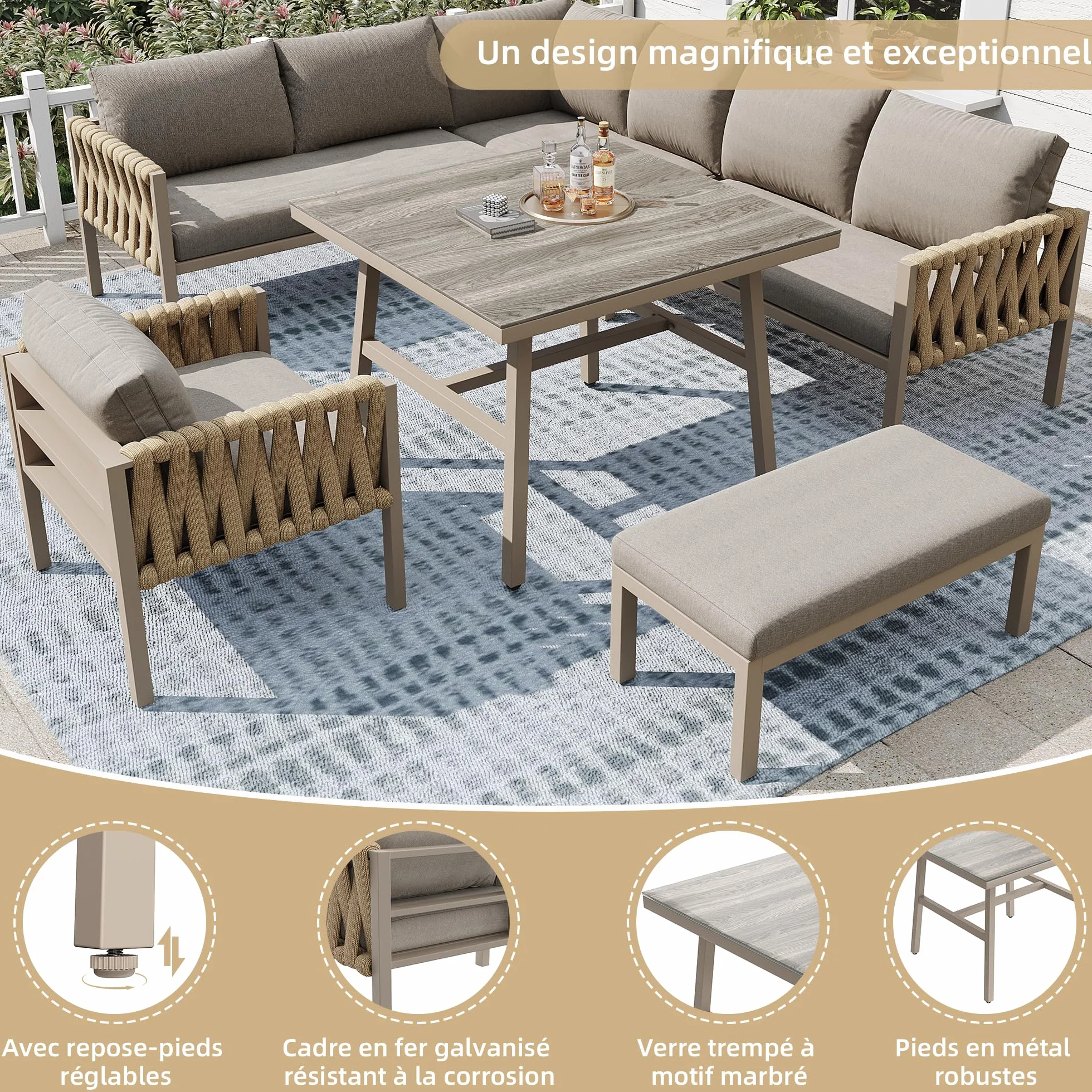 Idemon Set divano da giardino ferro zincato vetro temperato beige cuscini