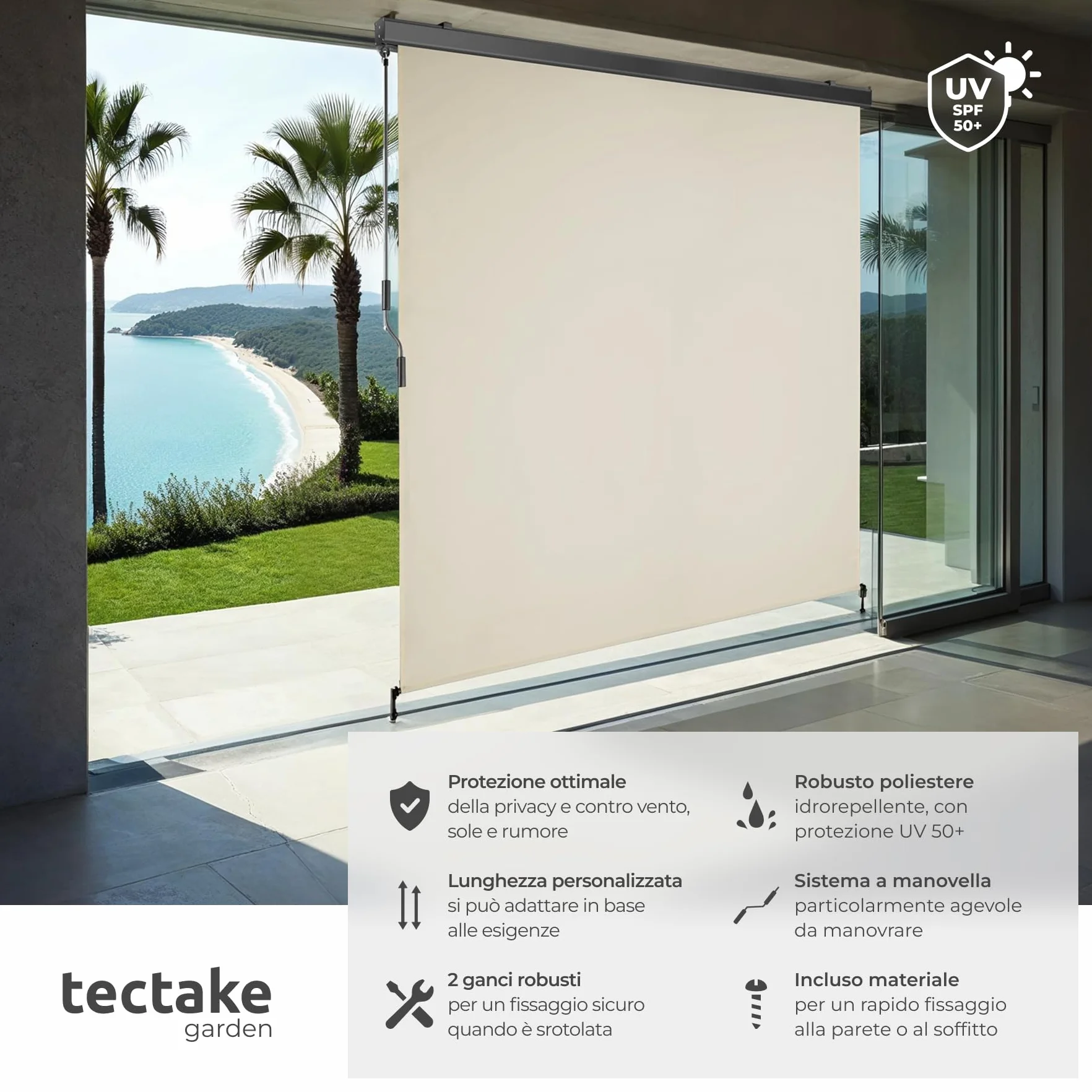 Tectake Tenda da Sole Verticale a Rullo con Manovella 180x250 cm Beige Impermeabile Protezione UV