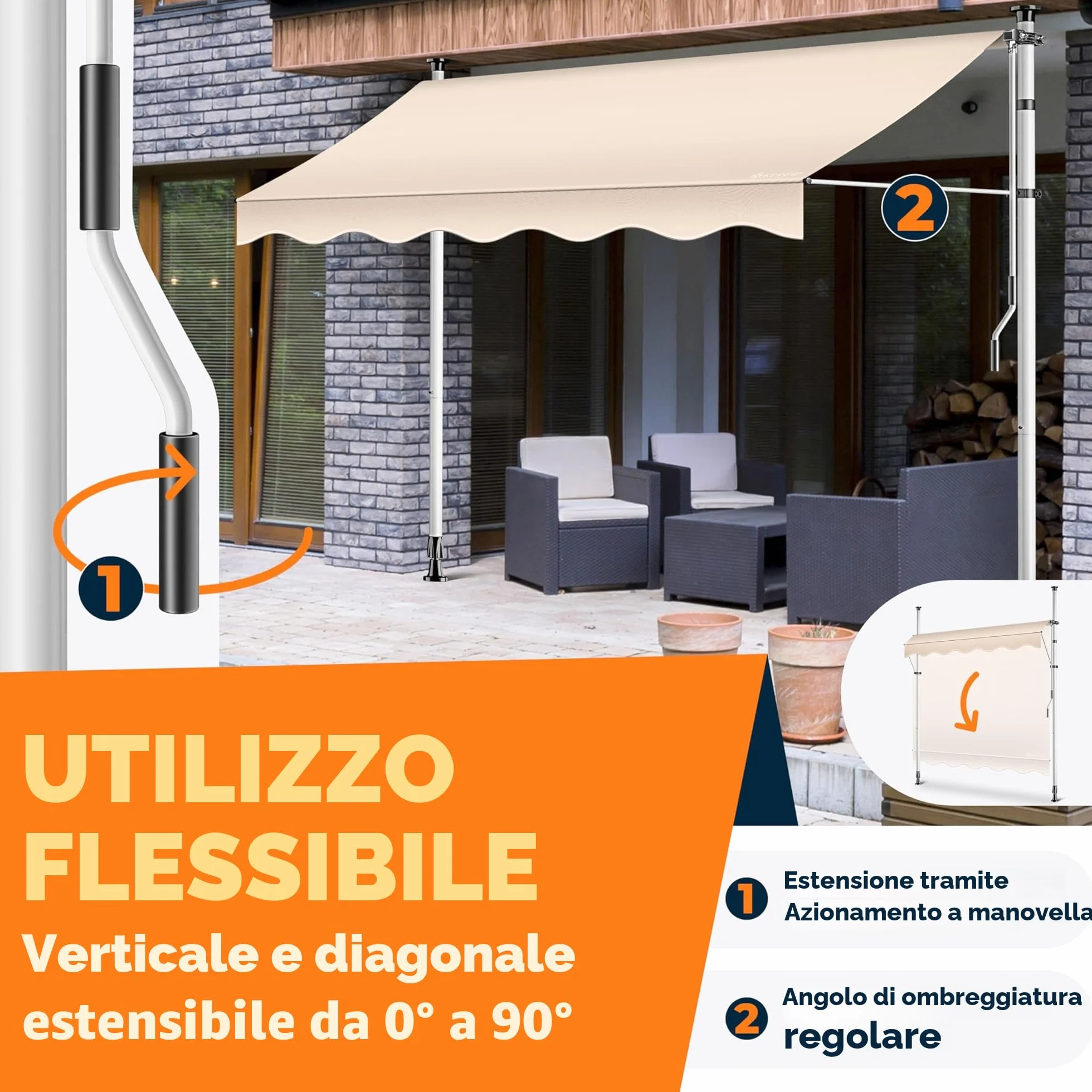 KESSER® Tenda da Sole a Morsetto con Manovella per Balcone, Regolabile in Altezza, Idrorepellente, Protezione Solare, Beige, 350cm