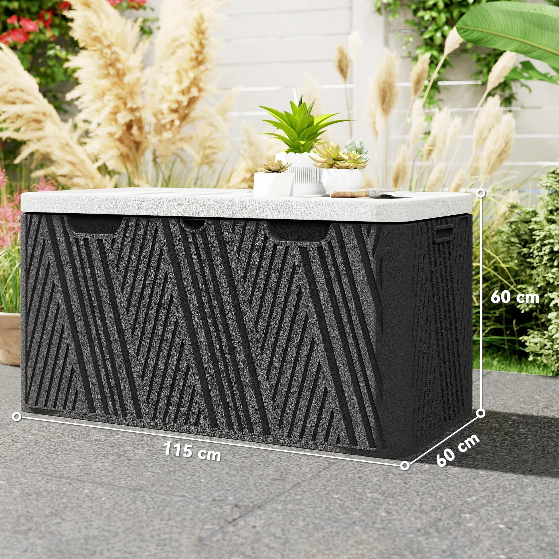 Outsunny Baule da Esterno da 380L Impermeabile in HDPE, Cassapanca Contenitore da Esterno con Coperchio a Leva e 2 Maniglie Laterali, Protezione UV, 115x60x60 cm, Nero e Grigio