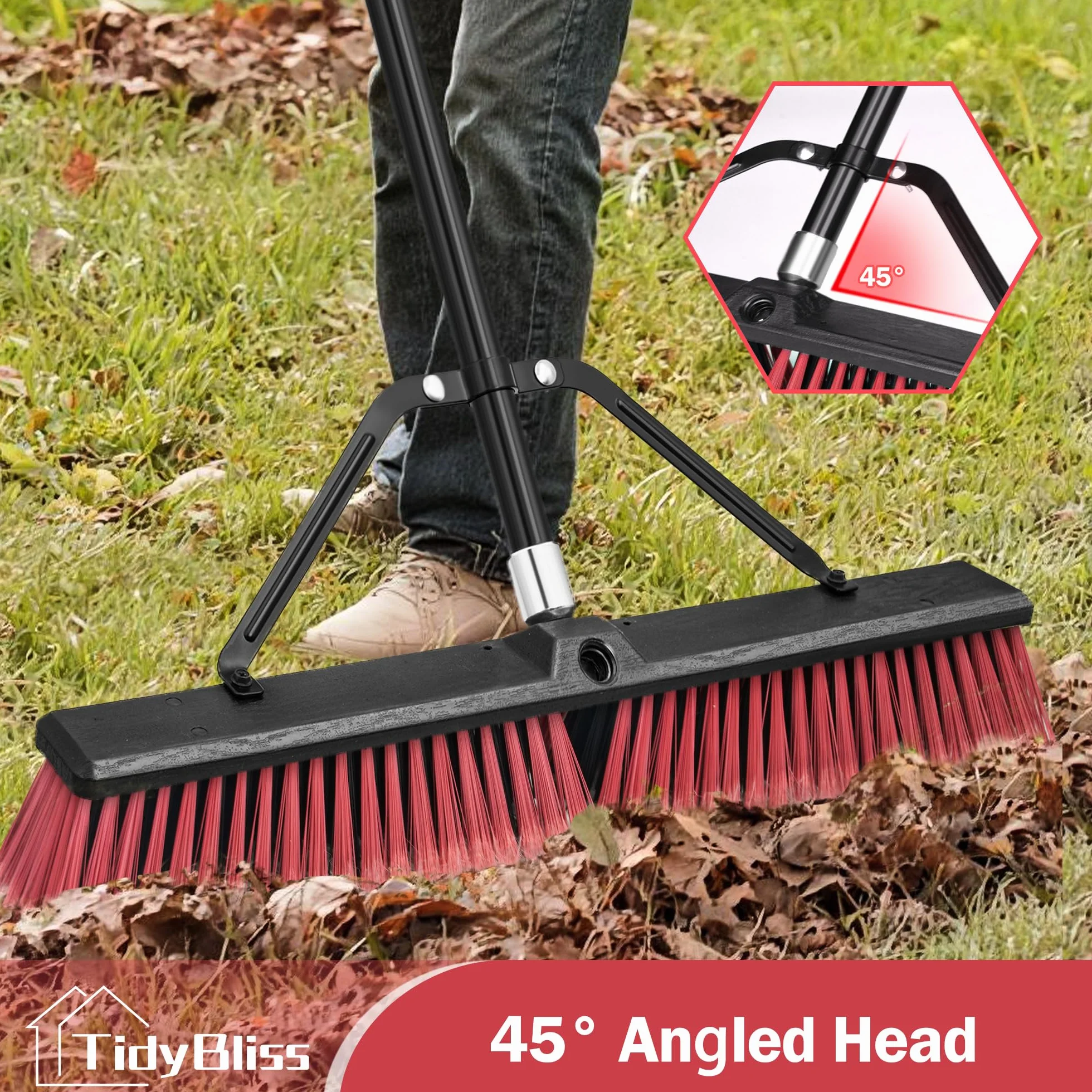 TidyBliss Scopa da Esterno Resistente da 60 cm, Spazzolone per Pavimenti Esterni con Setole Rigide e Manico Lungo 160 cm per Garage, Giardino, Cortile, Terrazza, Strada, Magazzino, Vialetto (Rosso)