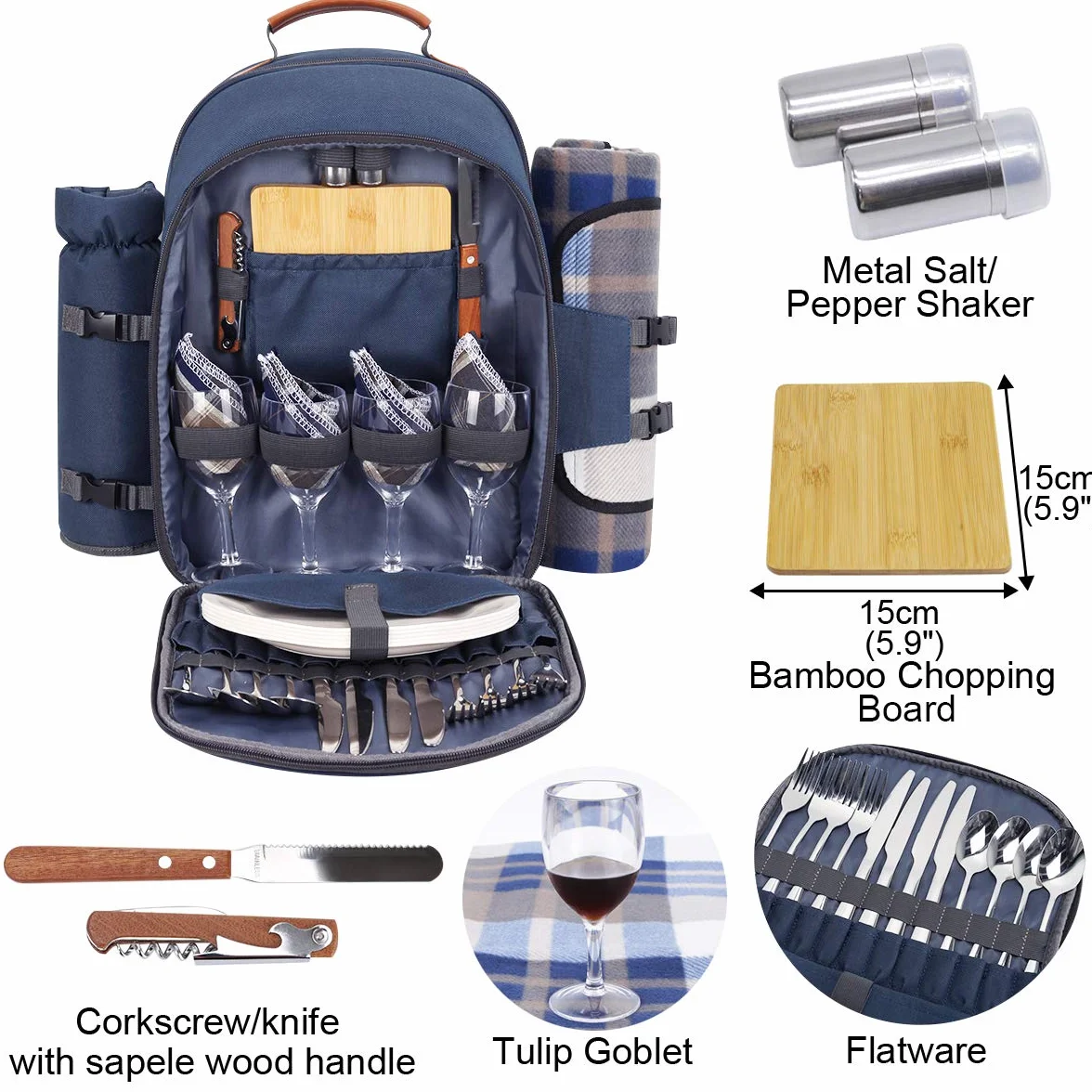 Sunflora Zaino da Picnic 4 Persone con Coperta, Borsa da Picnic con Custodia Cestino da Picnic per 4 Persone Impermeabile Isolata per il Camping Esterno della Famiglia (Blu Navy)