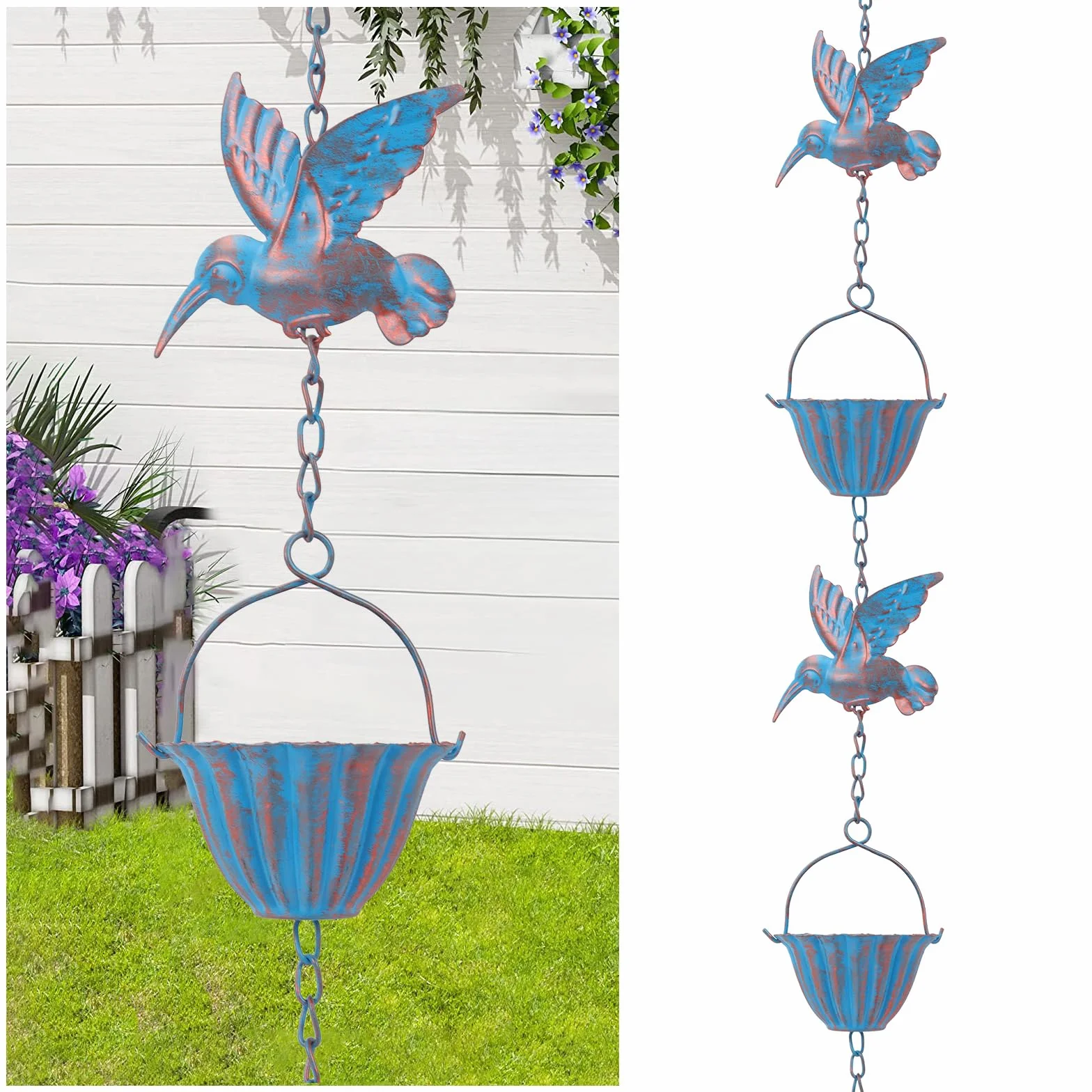 BigKing Catena per Acqua Piovana Colibrì per Grondaie, 2.4m Catena Antipioggia Sospesa per Il Drenaggio dell'Acqua, Catena per Grondaia, Deviatore per Acqua Piovana Esterna, Eaves Drainage