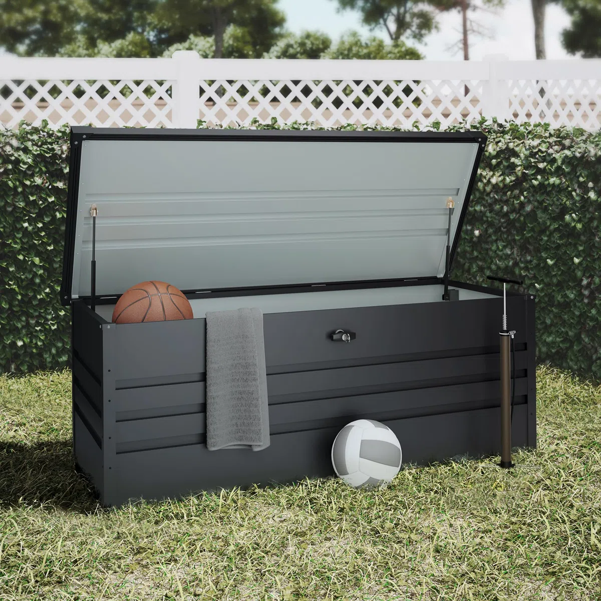 Hoggar Box da giardino in metallo, XXL, 716 litri, spessore 0,40 mm, resistente alle intemperie, per esterni, chiave inclusa, coperchio pieghevole, fondo incluso, cassapanca da giardino, impermeabile,