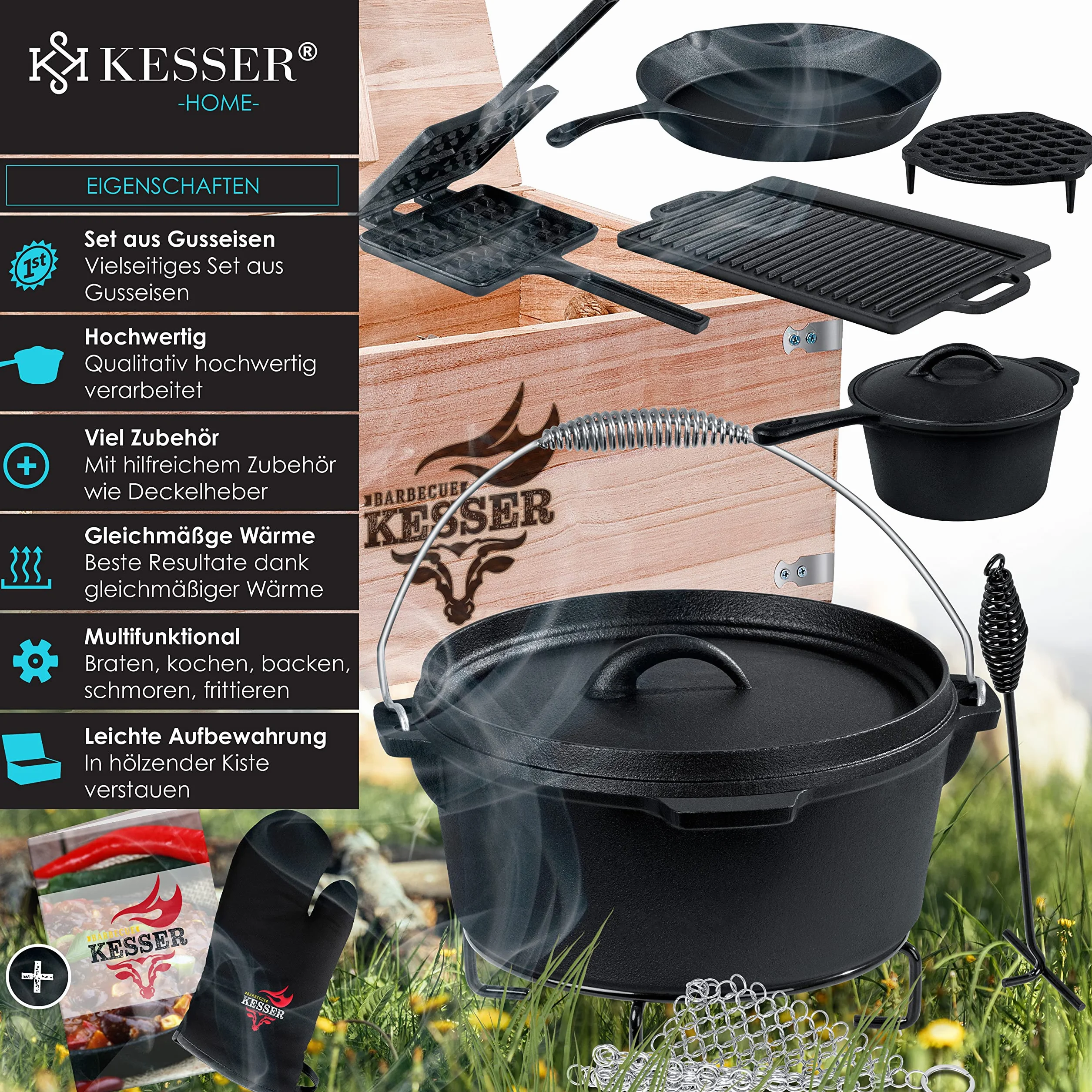 KESSER® Dutch Oven Set in scatola di legno con forno olandese Con molti accessori - ghisa - già bruciato con pentola di cottura piastra grill padella coperchio sollevatore I 12 Pezzi